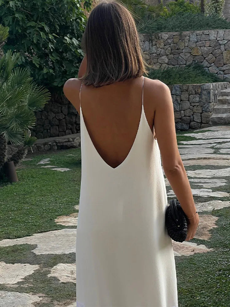 Elegant Backless Satin Maxi Dress for Women - V Neck Loose Casual Beach Sundress with Side Split & Strap Detail | Perfect for Summer Vacation, Pool Party, and Evening Outings