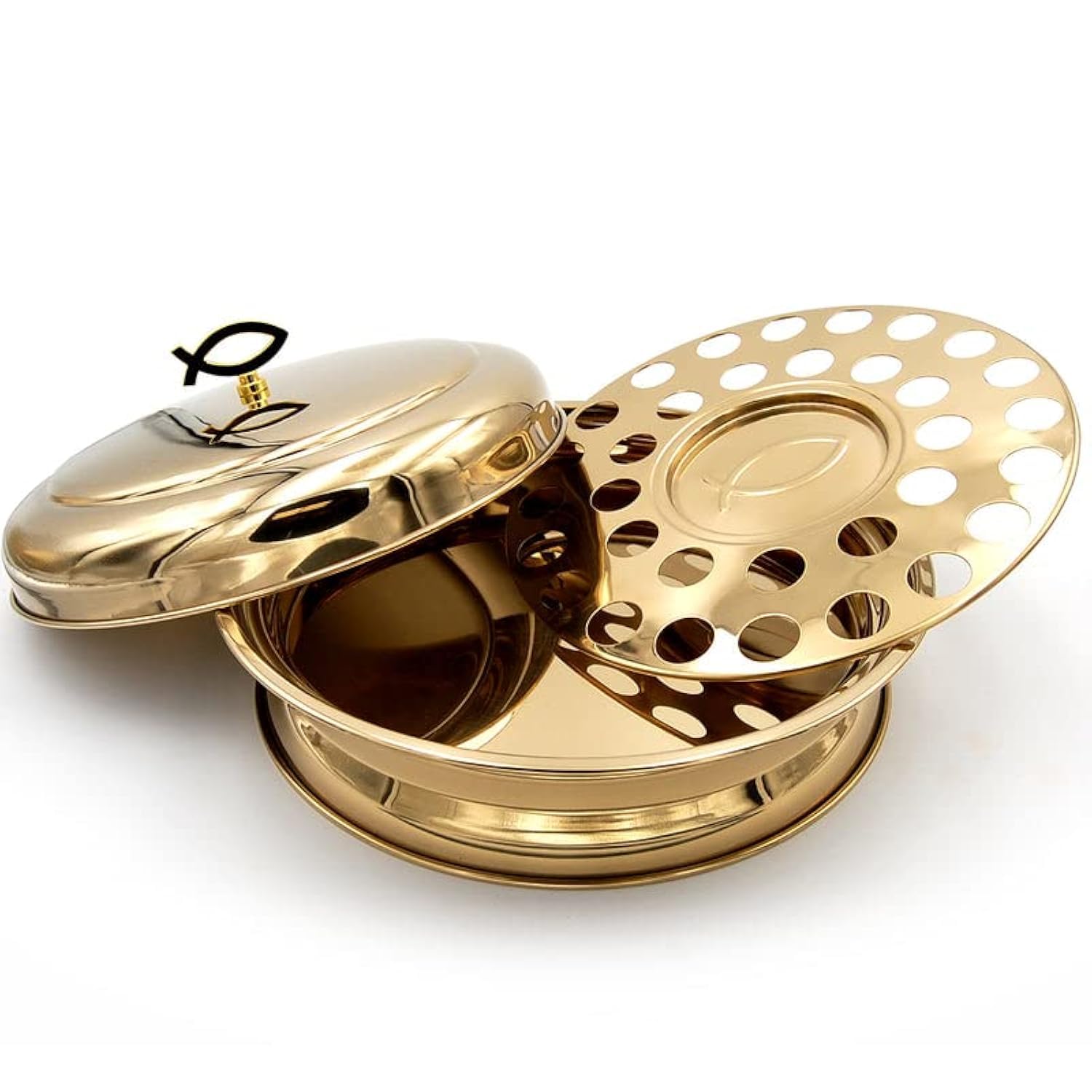 Stainless Steel Communion Tray with Bread Plate - Stackable Brass Tone Serving Tray for 33 Cups | Church Communion Supplies for Worship Services & Religious Ceremonies