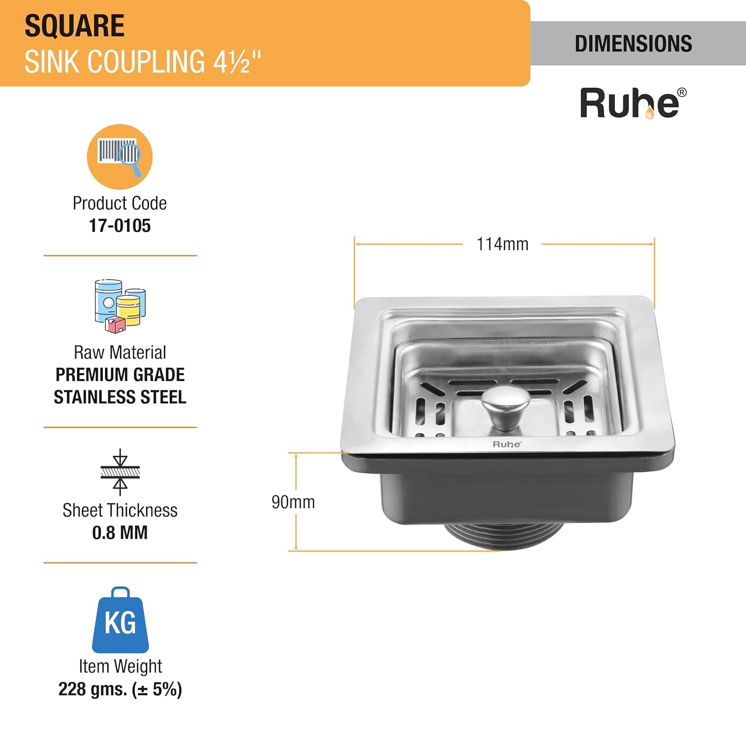 Ruhe® 4½ Inch Stainless Steel Kitchen Sink Coupling Drain Outlet Connector with Chrome Finish - Perfect for Bathroom & Kitchen Sink Drainage Systems