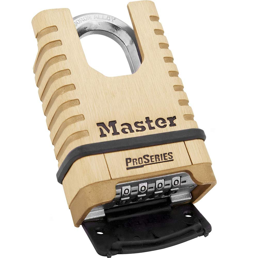 Master Lock 1177D 2.25-inch (57mm) Wide ProSeries Shrouded Brass Resettable Combination Padlock 4-Pack with Lumintrail Keychain Light - Secure Lock Boxes, Storage Units & Gym Lockers