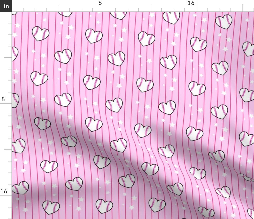 Heart Baseballs Pink Stripes Kawaii Sports Print Petal Signature Cotton Fabric by The Yard - Sewing, Quilting, Apparel & DIY Crafts - Perfect for Girls' Room Decor, Cute Sports-Themed Projects