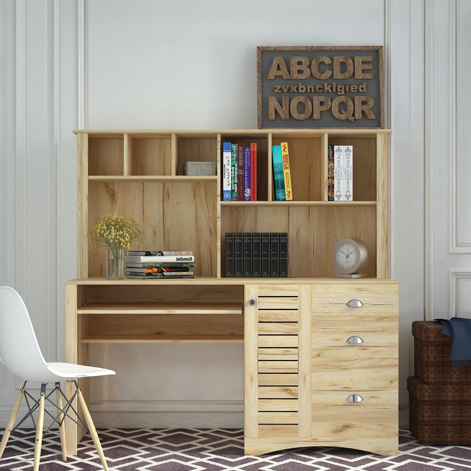 Holaki Computer Desk with Drawers & Bookshelf - Wooden Executive Office Desk for Small Spaces, Student Study Desk with Keyboard Tray & Hutch - Antiqued Oak Finish - Perfect for Home Office, Dorm Room & Workspace