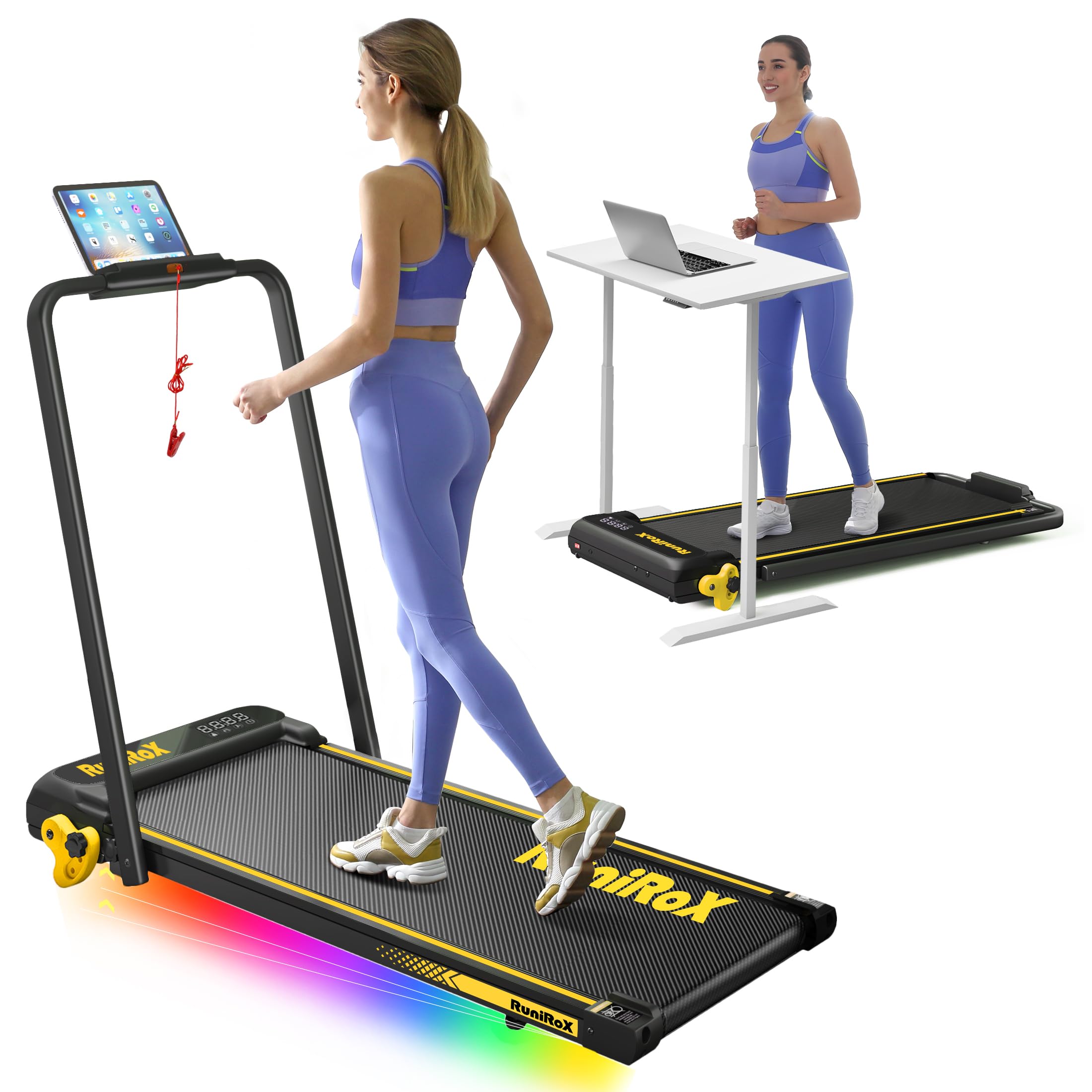 Portable Walking Pad Treadmill with Incline & LED Lights - 3-in-1 Under Desk Treadmill for Home Office, APP Control & LED Display - Perfect for Workouts, Home Fitness & Small Spaces