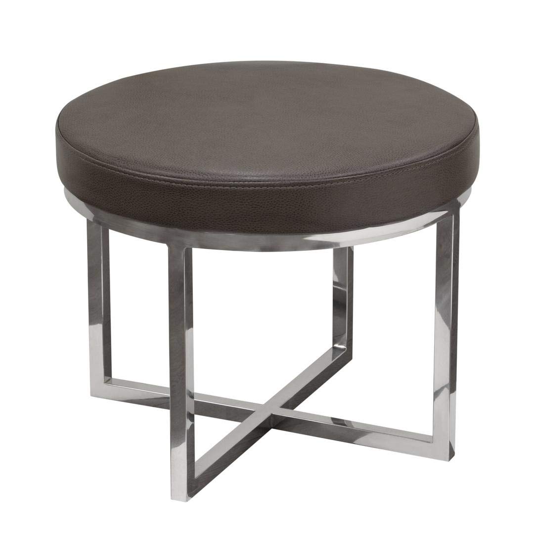 Benjara Benzara Faux Leather Round Accent Stool with Cross Metal Legs - Gray & Silver Home Decor for Living Room, Bedroom, or Entryway
