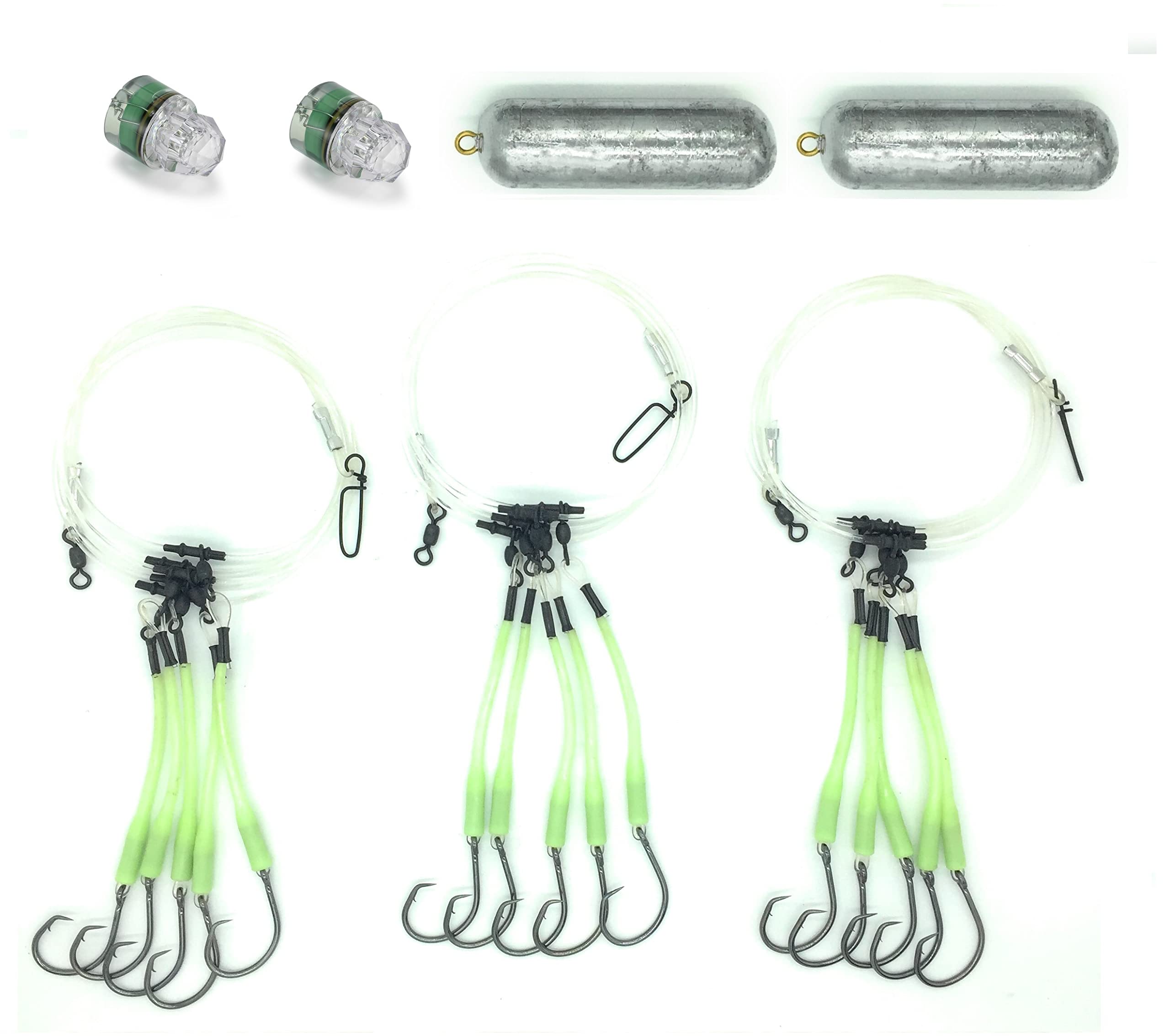 Deep Drop Glow Sleeve Fishing Bundle - 3 Rigs, 2 LED Deep Drop Lights, 2 Heavy Deep Drop Weights for Offshore Bottom Fishing & Night Angling