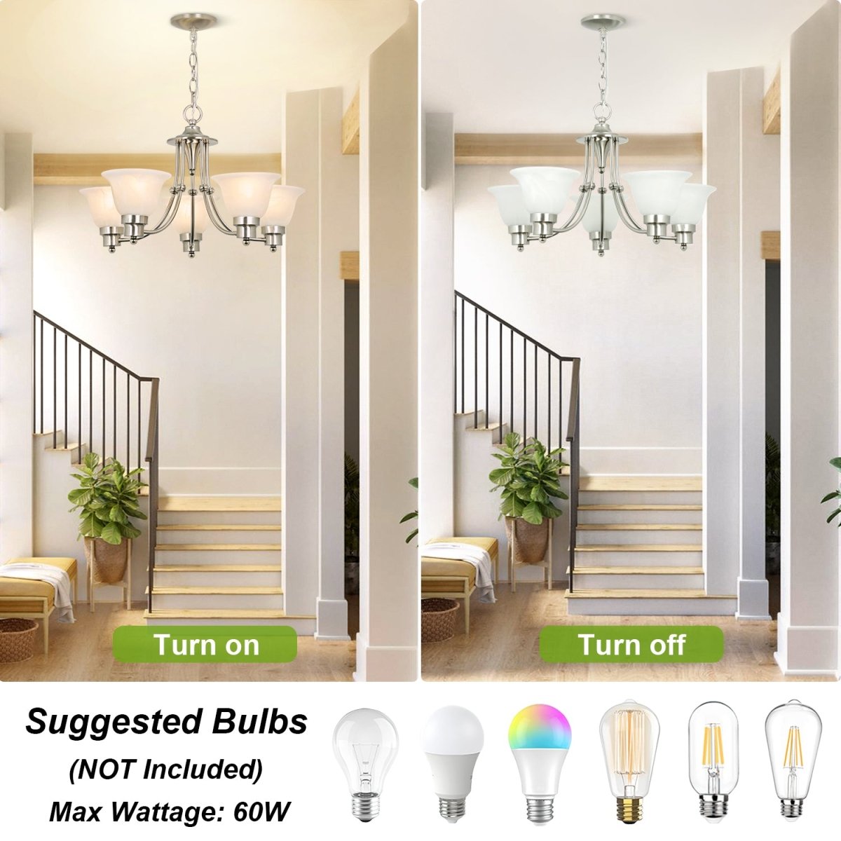 Depuley 5-Light Modern Chandelier - Brushed Nickel Finish with Glass Shade, Adjustable Hanging Pendant Lighting Fixture for Dining Room, Kitchen Island, Bedroom, or Living Room Decor