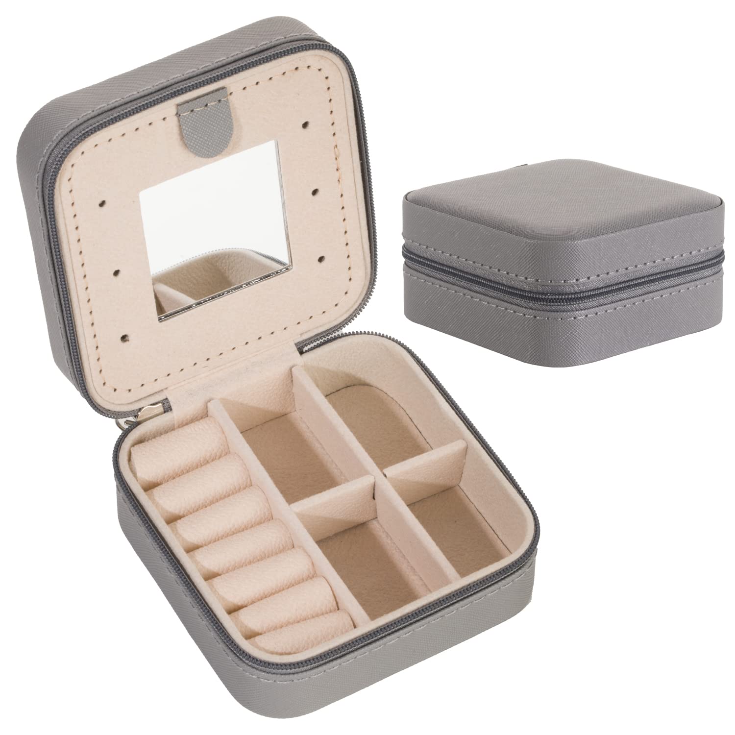 KElofoN Travel Jewelry Organizer Box for Women & Girls - Portable Jewelry Case with Mirror, Compact Jewelry Storage (Grey) - Perfect for Vacation, Business Trips & Daily Use