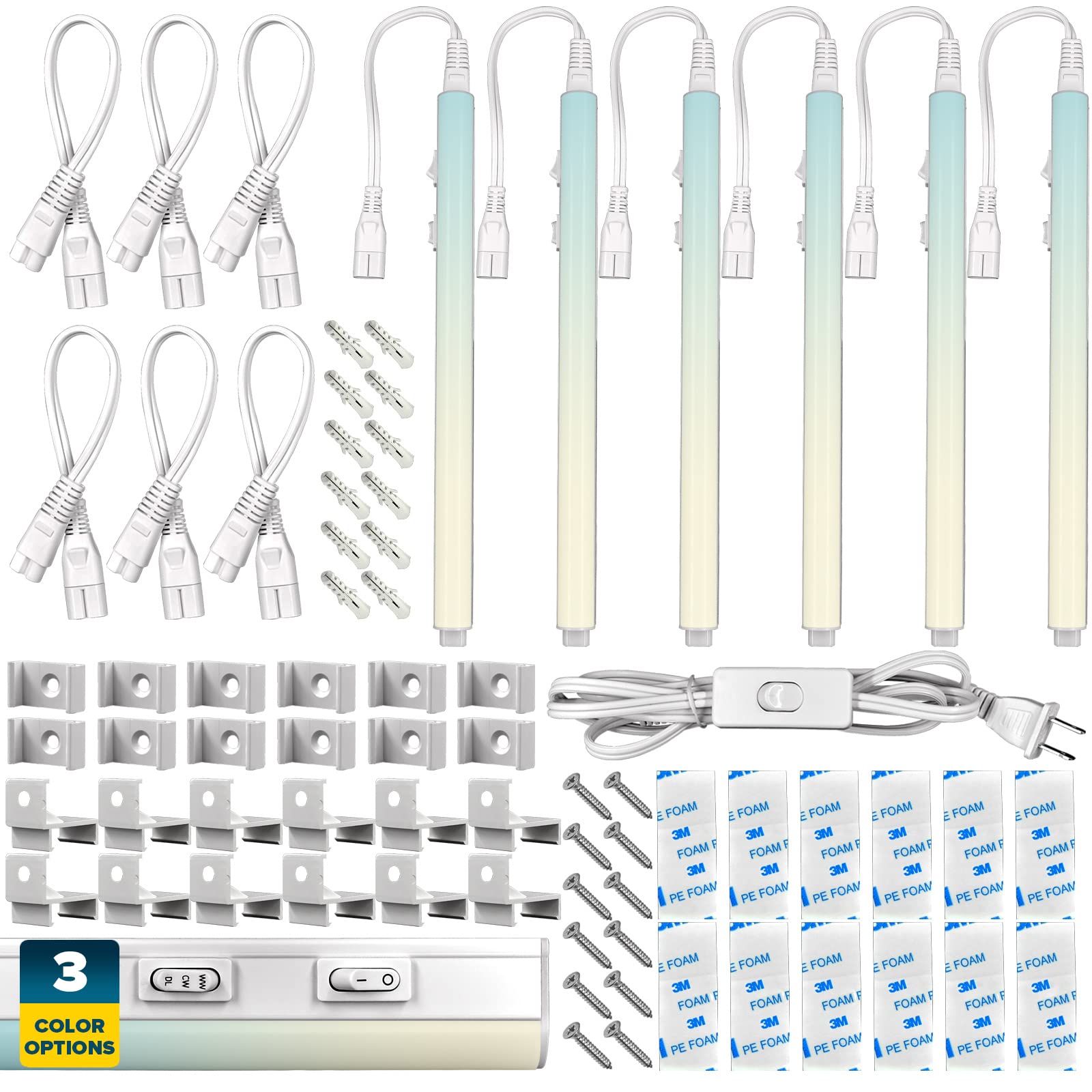Sunperian 6-Pack 12 Inch LED Under Cabinet Lighting Kit - 30W, 3000 Lumens, Linkable Strip Lights with 3 Color Temperatures (3000K/4000K/5000K) - Peel & Stick or Bracket Mount, On/Off Switch, Damp Rated - Perfect for Kitchen, Pantry, Workshop & Display Cabinets