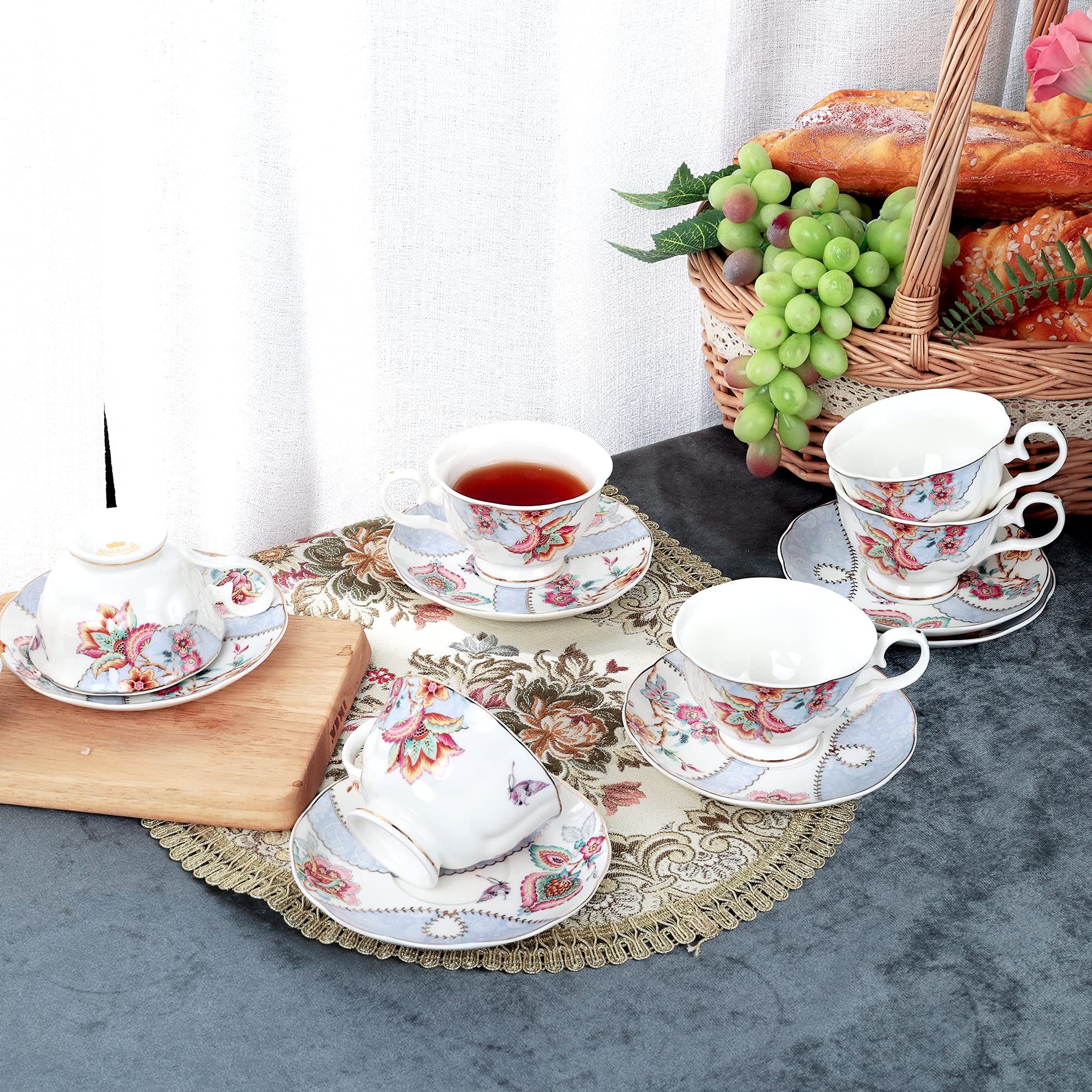 Fanquare Floral Coffee Cups Set of 6 (5 oz) - Porcelain Cappuccino Cups with Saucers - Elegant Tea Cups for Birthday, Wedding & Party - Purple - Perfect for Afternoon Tea, Coffee Break & Home Decor