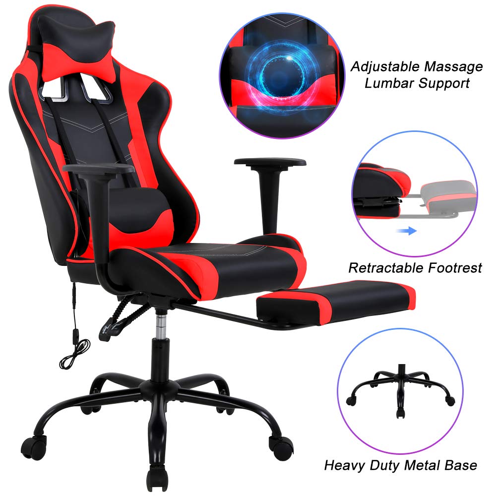 Ergonomic Red PC Gaming Chair with Massage Lumbar Support, Adjustable Racing Office Chair with Footrest & Headrest - Perfect for Home Office, Video Gaming & Streaming Setup