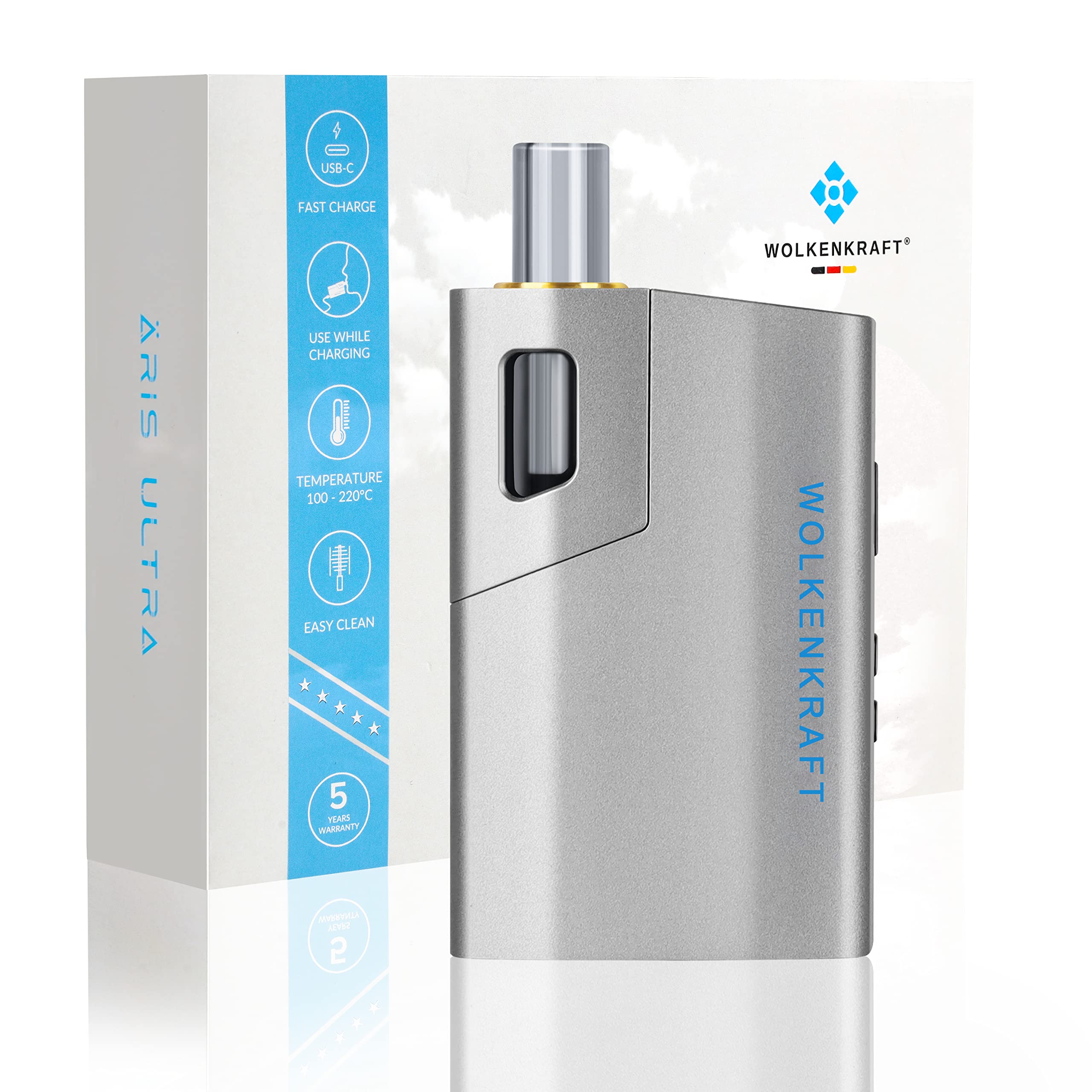 Premium WOLKENKRAFT ÄRiS ULTRA Dry Herb Vaporizer - USB-C Fast Charging | Titanium Chamber | Adjustable Temperature 100-220°C | Customizable Session Timer | ECA Convection Technology *Gun Metal* - Perfect for Home Use & Portable Vaping Sessions