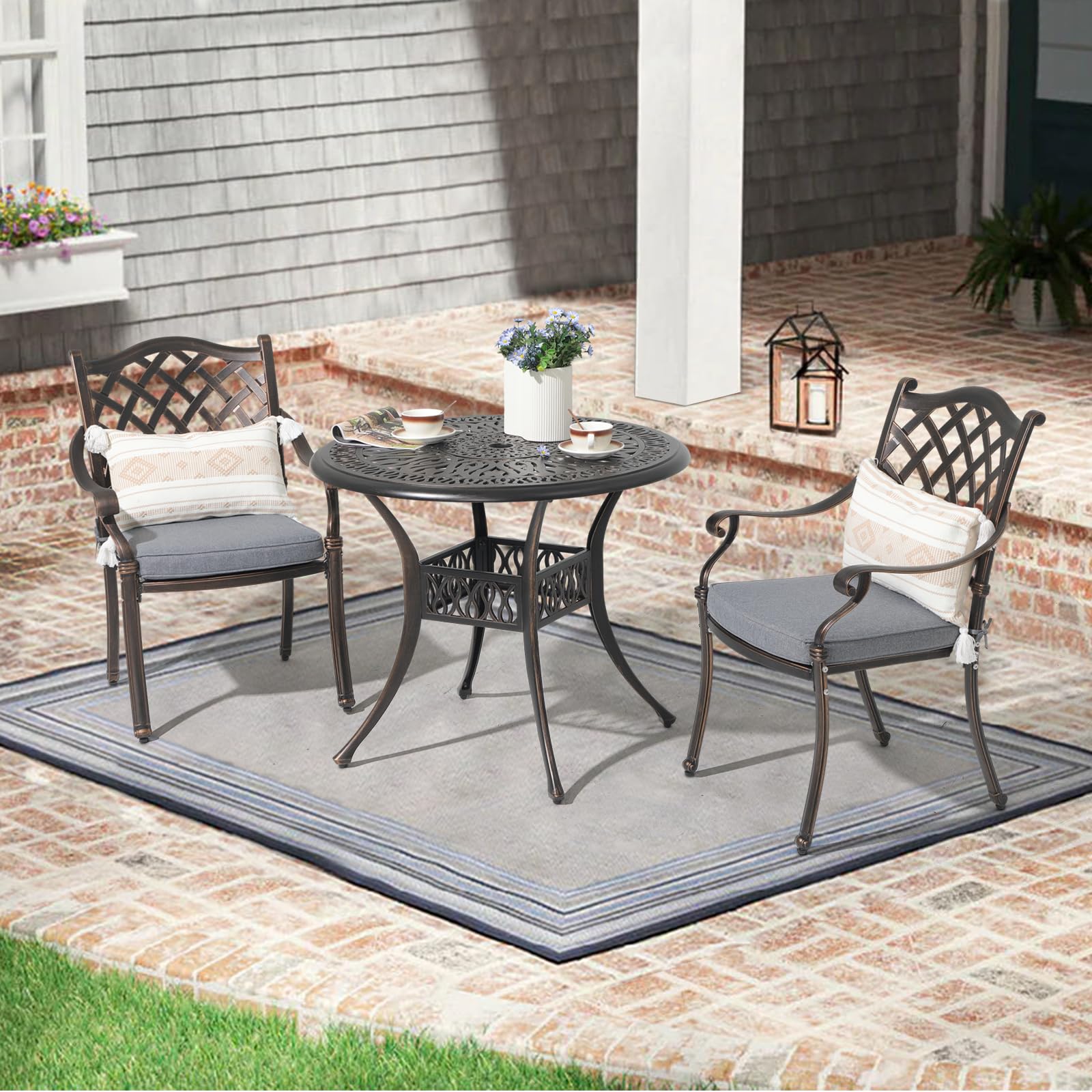 JOIVI 3-Piece Outdoor Dining Set - Cast Aluminum Patio Furniture with Umbrella Hole, Stackable Chairs & Table in Antique Bronze - Perfect for Balcony, Garden, Backyard & Poolside Entertaining | Weather-Resistant & Durable Bistro Set for Outdoor Gatherings