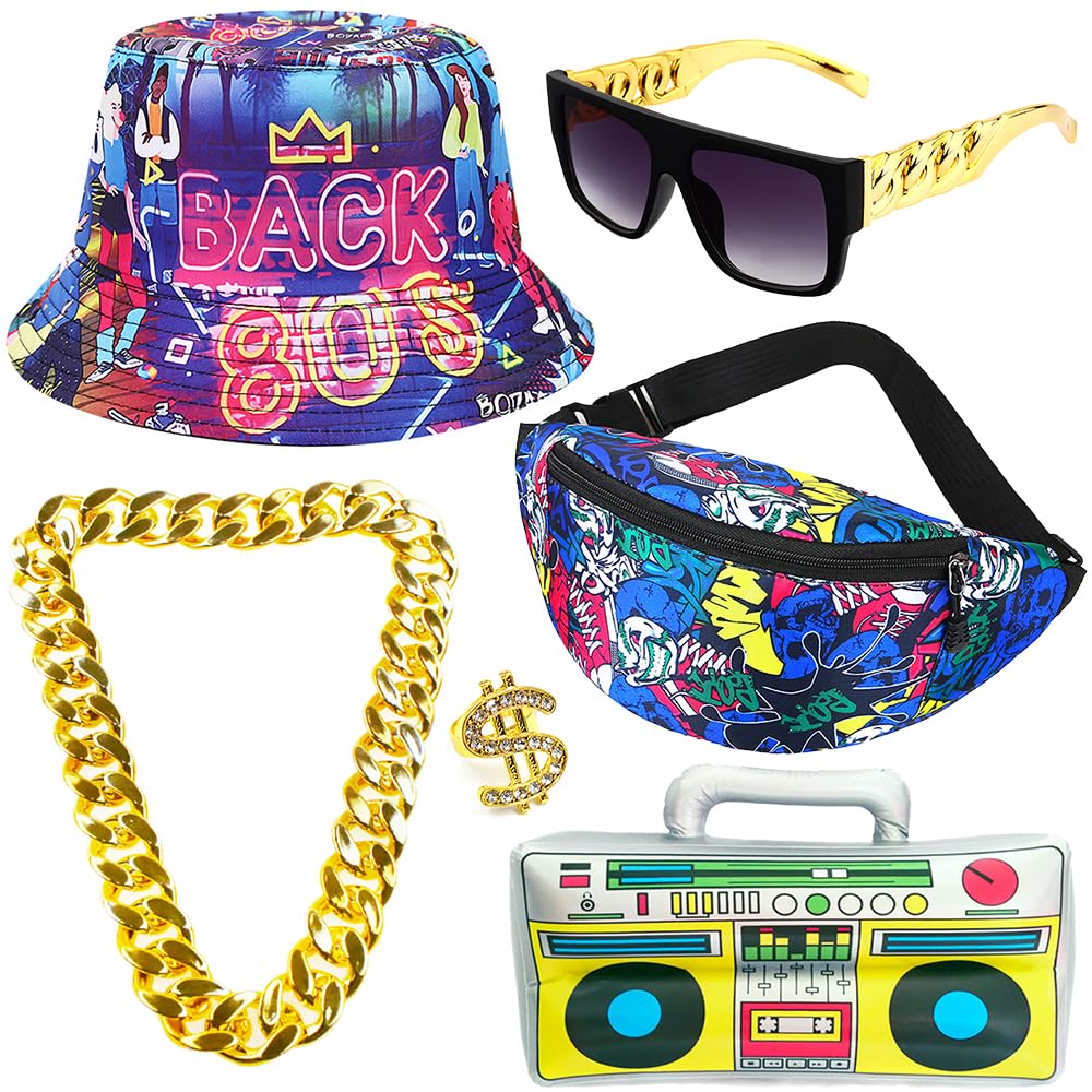 Gionforsy 80s 90s Hip Hop Costume Kit - Rapper Outfit Accessories Set with Bucket Hat, Sunglasses & Gold Chain Ring | Perfect for Halloween, Themed Parties & Music Videos