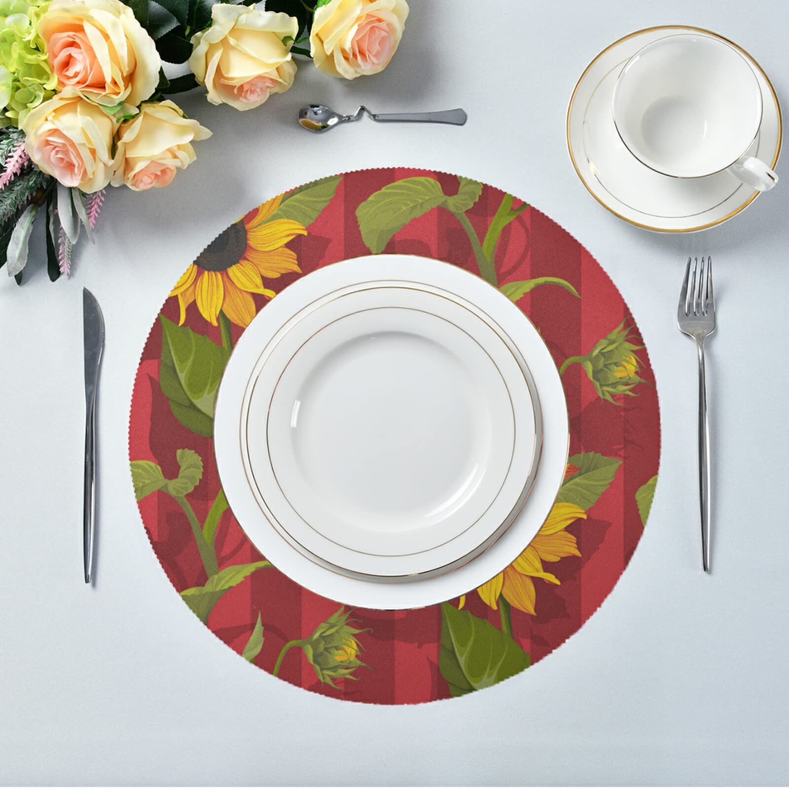 Susiyo Round Placemats Set of 4 - Sunflower Red Stripes Kitchen Table Mats, 15