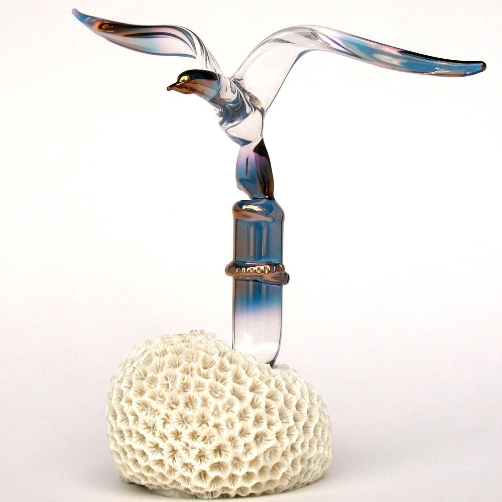 Hand Blown Glass Seagull Figurine on Coral Base - Elegant Home Decor for Beach House, Coastal Living Room & Nautical Theme Gifts