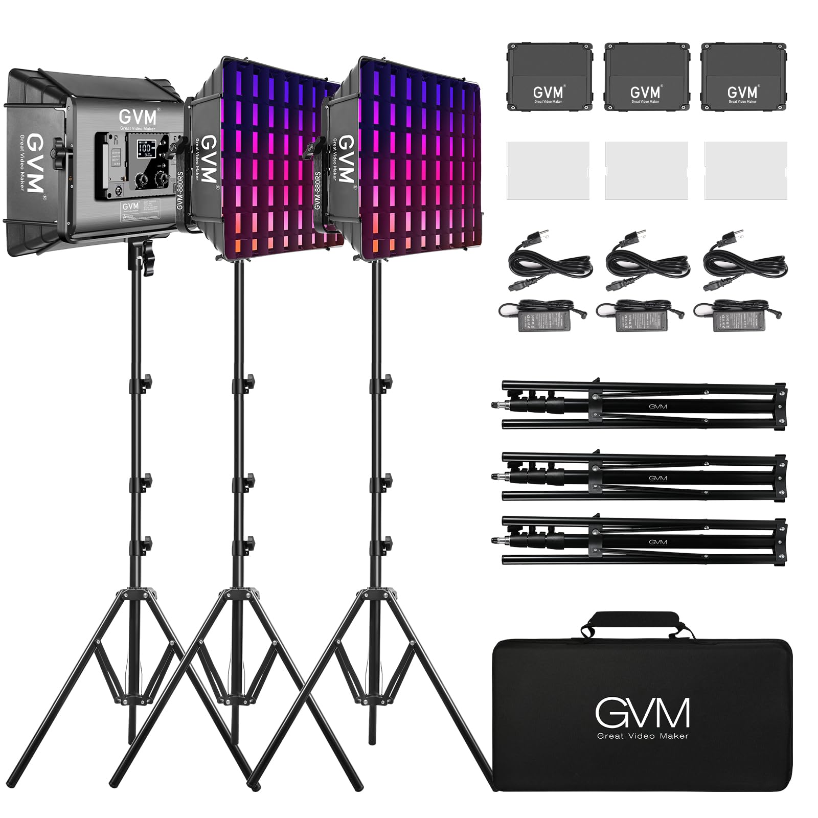 GVM RGB LED Photography Lighting Kit with 3 Softboxes - 880RS 60W Studio Lights with Bluetooth Control, 18 Lighting Scenes for YouTube Videos, Product Photography & Live Streaming - 8330lux/0.5M Brightness
