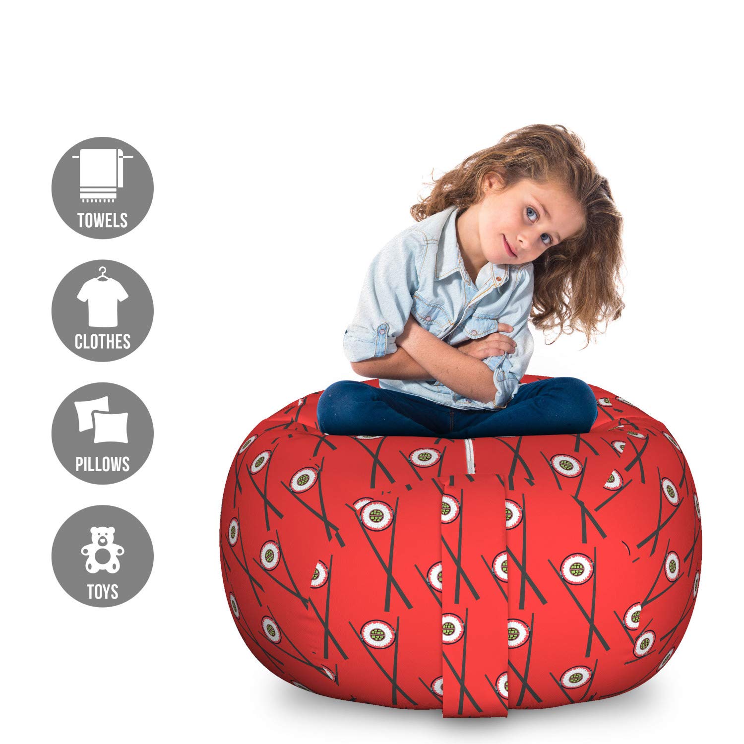 Ambesonne Sushi-Themed Storage Toy Bag Chair - Large Washable Stuffed Animal Organizer with Maki Rolls & Chopsticks Design - Charcoal Grey & Vermilion - Perfect for Kids' Room, Playroom, and Toy Organization