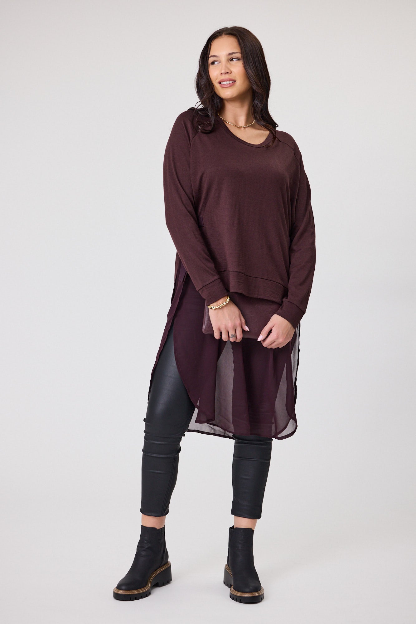Alpine by Shine On Paris Women's Merino Wool & Chiffon Blend Tunic Top in Chocolate Brown - Perfect for Casual Outings & Office Wear