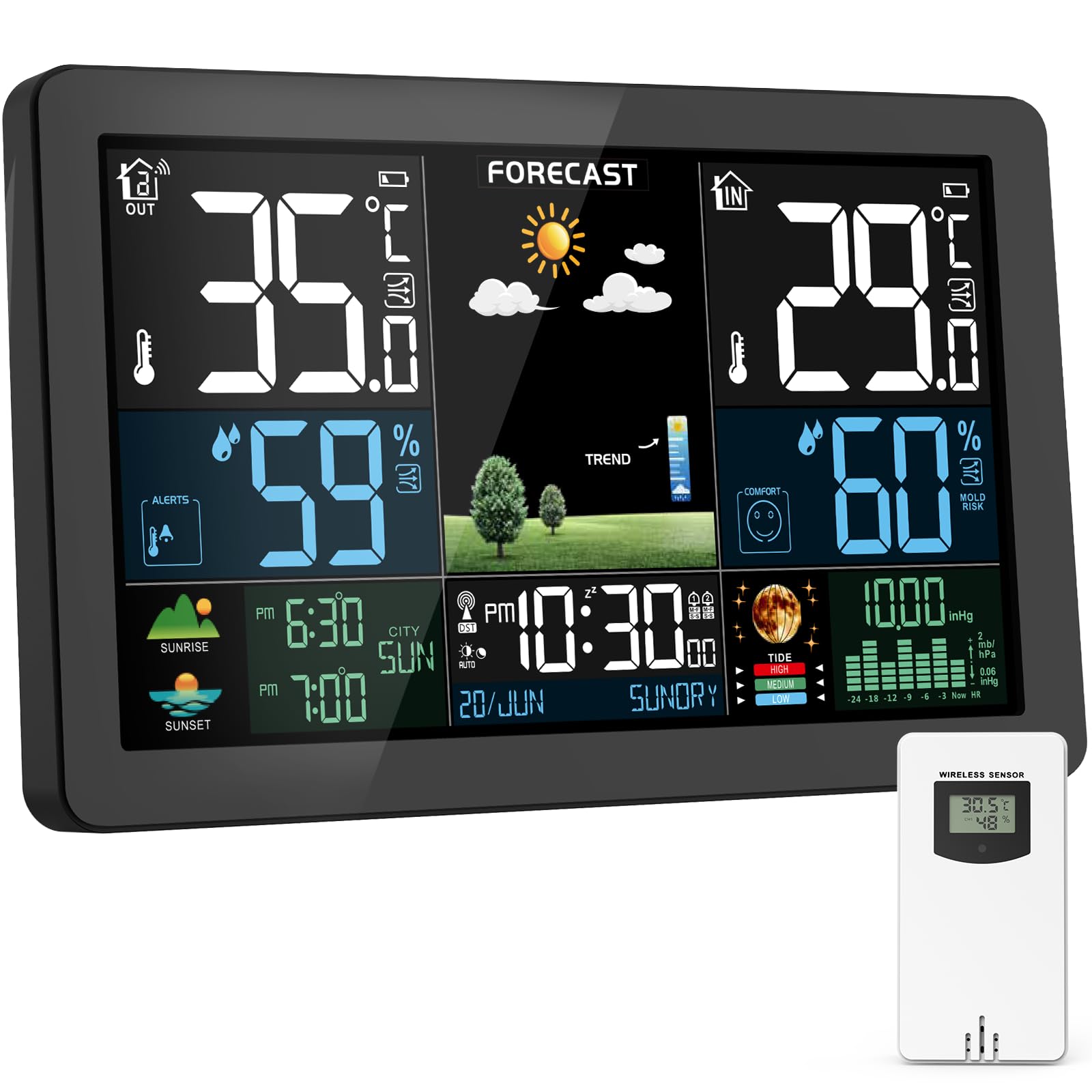 Wireless Indoor Outdoor Weather Station with Remote Sensor - Digital Color Display, Temperature, Humidity, Air Pressure & Atomic Clock - Perfect for Home, Office, Garden & Weather Monitoring