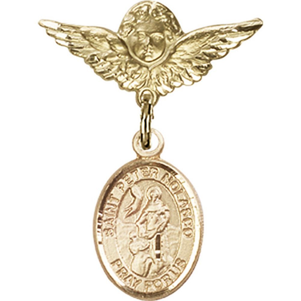 Gold Filled Baby Badge with St. Peter Nolasco Charm & Angel Wing Pin - 1 x 3/4 Inch Religious Jewelry for Baptism, First Communion & Christening Gifts