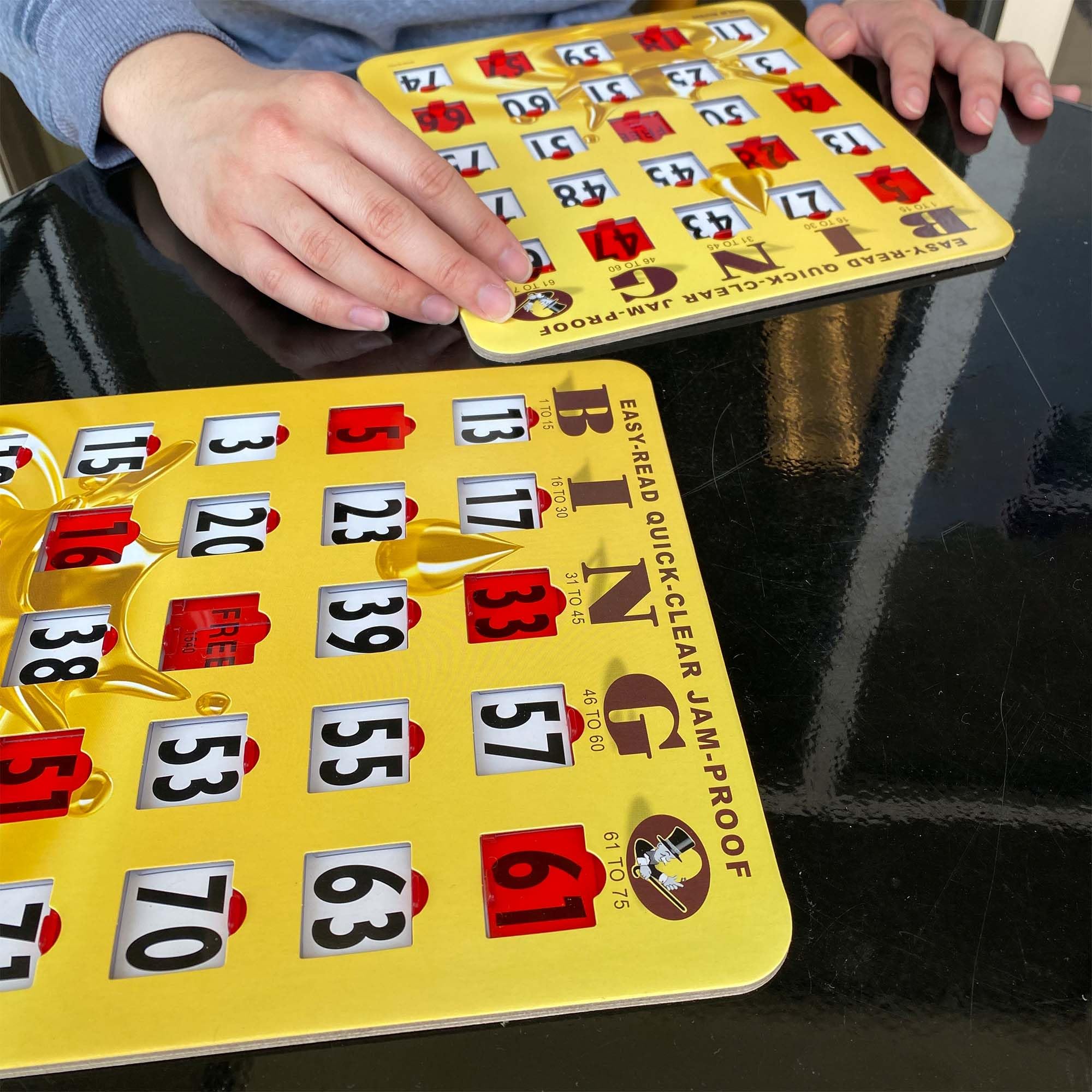 MR CHIPS Jam-Proof Easy-Read Quick-Clear Large Print Fingertip Slide Bingo Cards with Sliding Windows - 100 Pack Gold Rush Style | Perfect for Bingo Nights, Senior Activities, Family Game Nights & Casino-Themed Parties | Ideal for Bingo Halls, Retirement Communities, and Home Entertainment