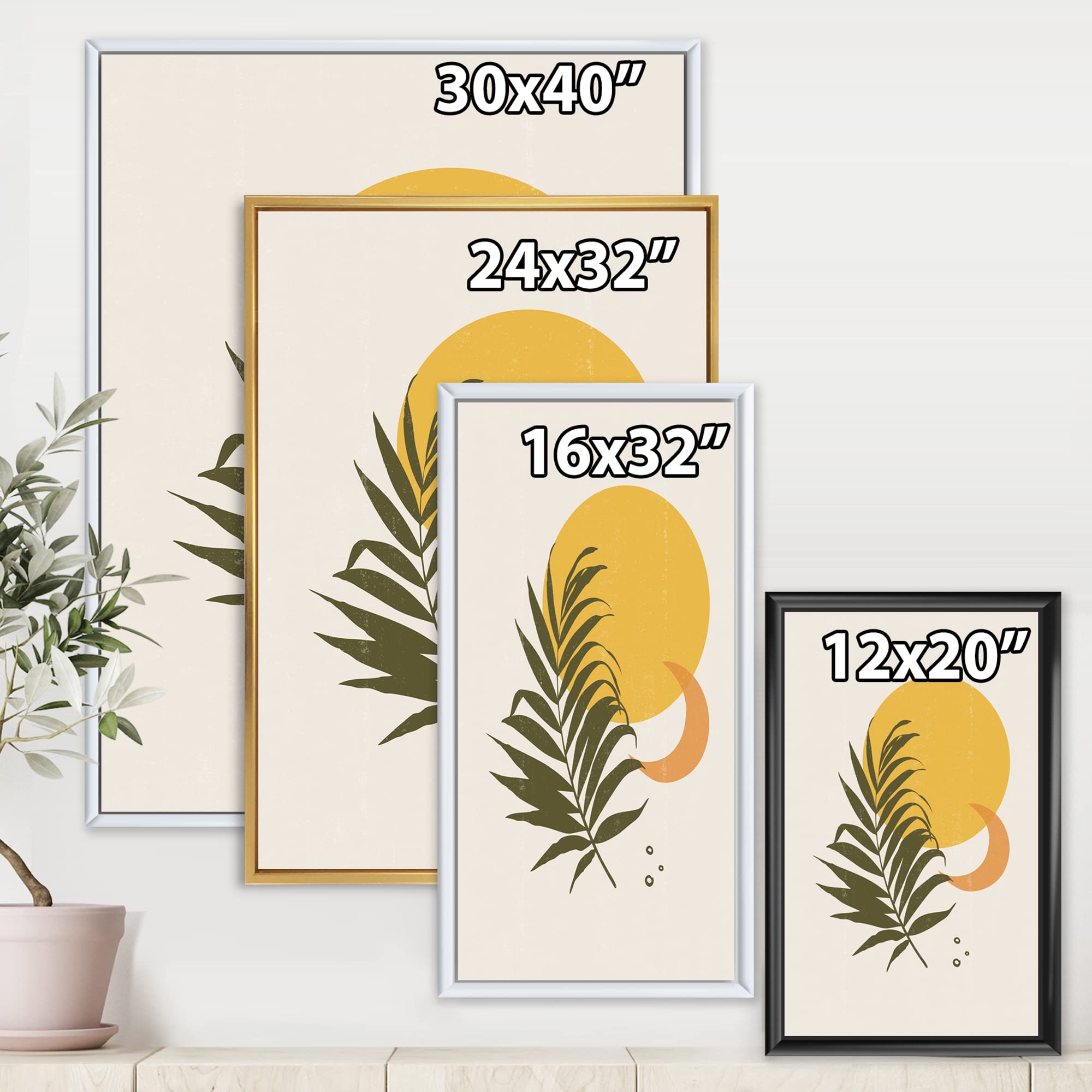 Abstract Yellow Sun and Moon Tropical Leaf Canvas Wall Art - Modern Framed Print for Living Room, Bedroom & Office Decor | Nature Inspired Home Décor