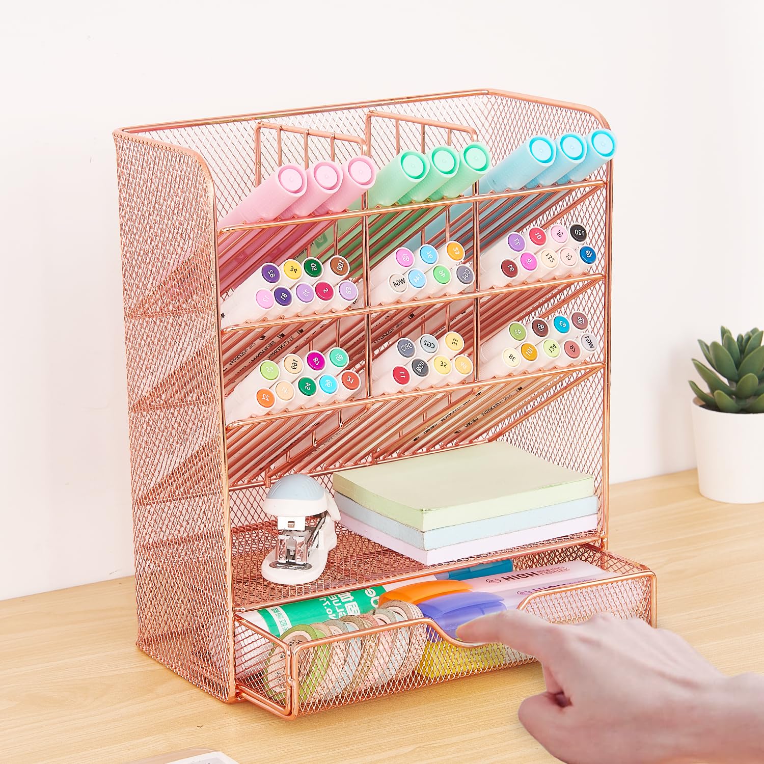 Rose Gold Pen Holder Desk Organizer - 10 Compartments & Drawer for Office & Study