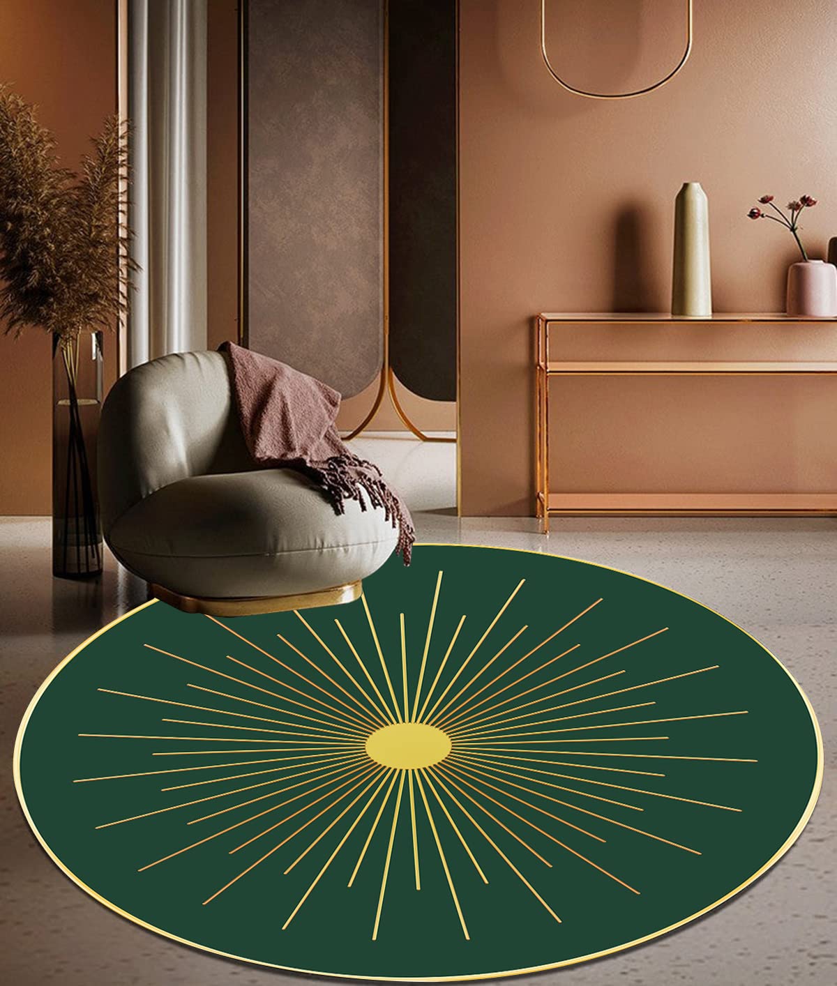 Emerald Green Burst Striped Pattern Gold Bordered Round Area Rug - Modern Abstract Washable Carpet for Living Room, Dining Room, Nursery & Bedroom - Soft Shaggy Durable Doormat (3ft) - Perfect for Home Decor, Floor Protection and Cozy Interior Design