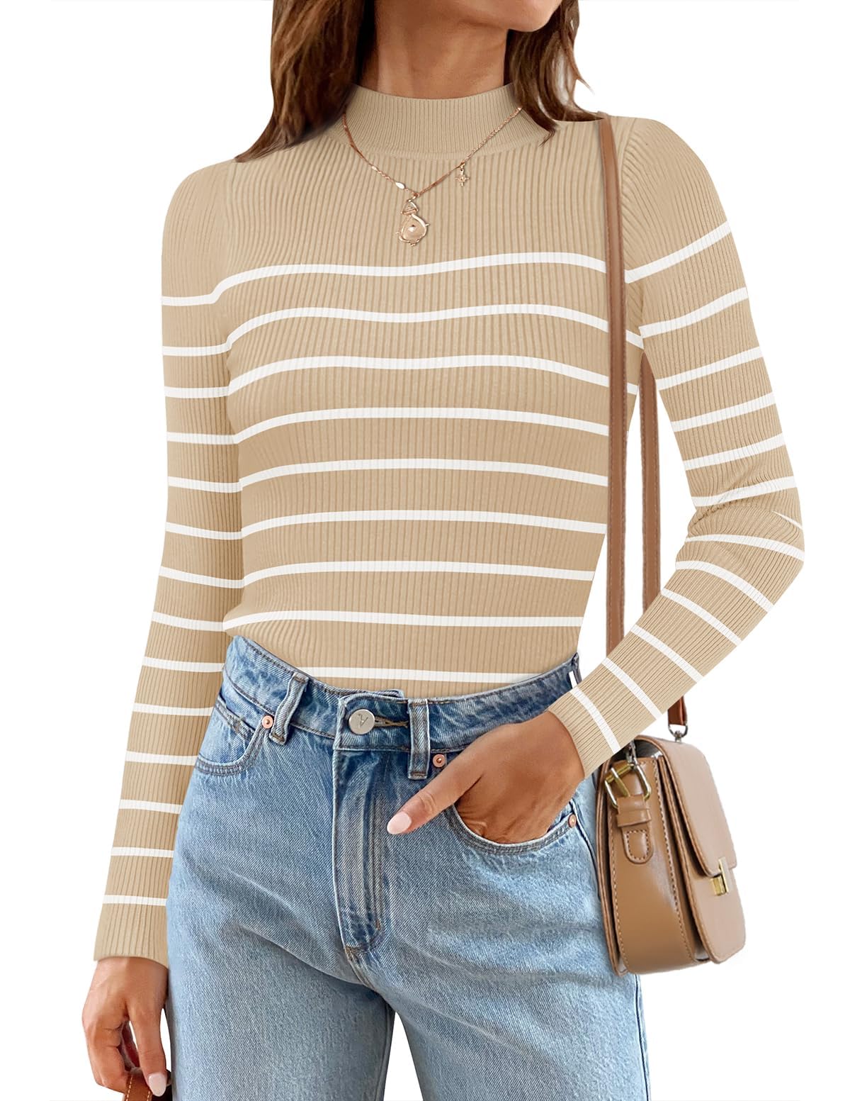 ZESICA Women's Mock Neck Sweater Long Sleeve Ribbed Knit Top - Business Casual Striped Pullover for Office, Work & Fall Outfits | Comfortable & Stylish Workwear Essential