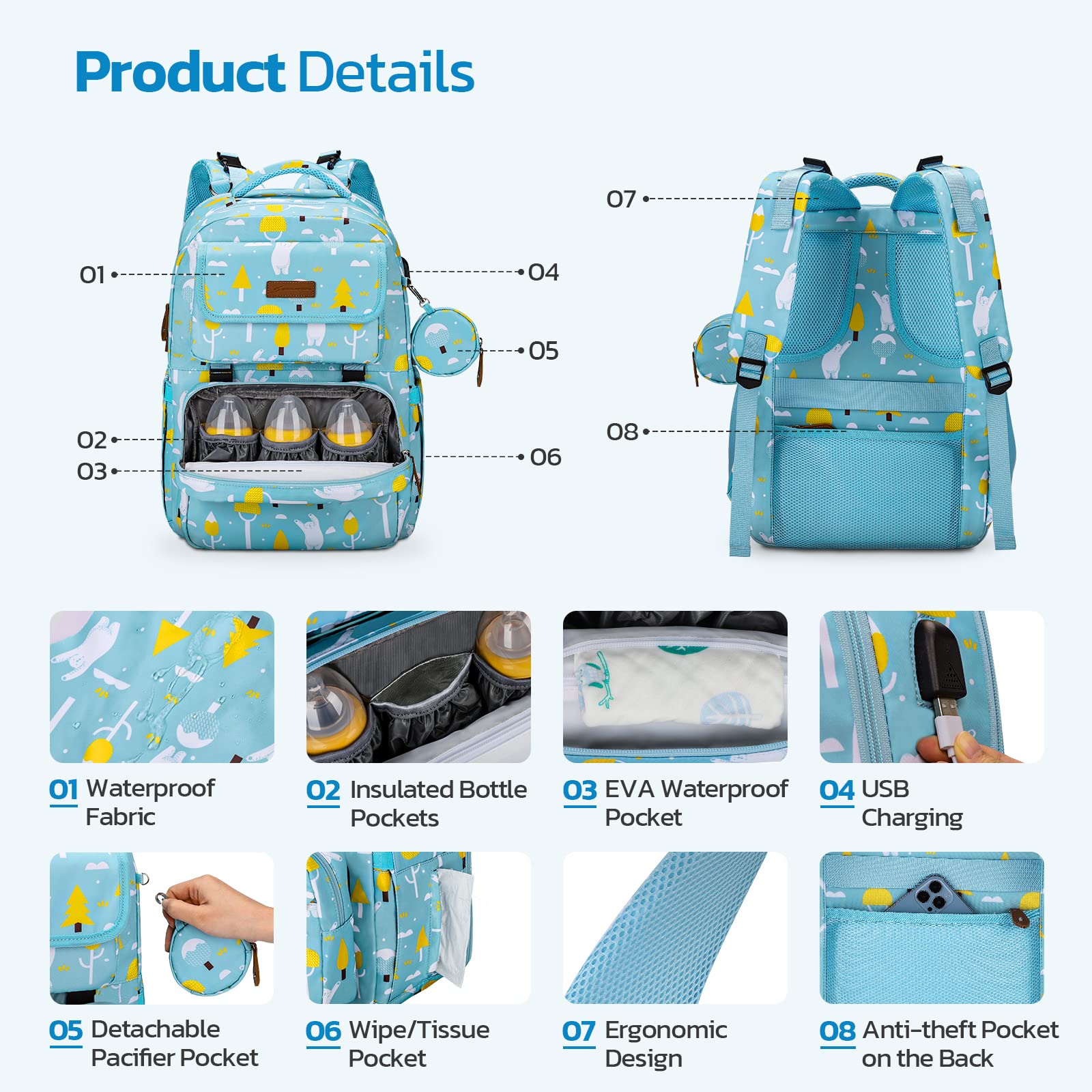 Premium Large Capacity Unisex Diaper Bag with Removable Insulated Bottle Holder - Waterproof Baby Essentials Organizer for Parents, Travel & Daycare Use