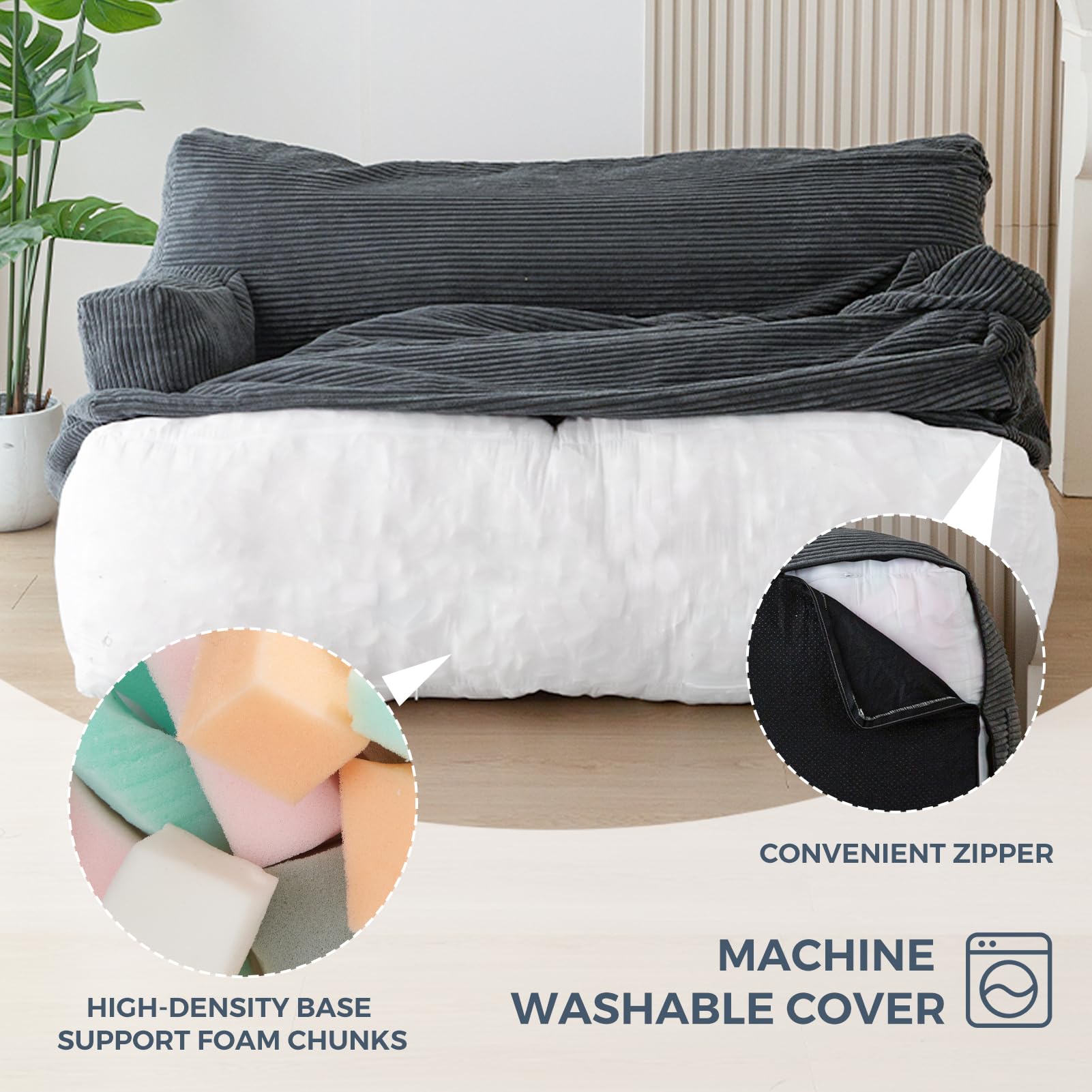 MAXYOYO Oversized 2-Seater Bean Bag Chair for Adults - Dark Grey Loveseat Bean Bag Couch with Filler | Perfect for Living Room, Game Room & Dorm Relaxation