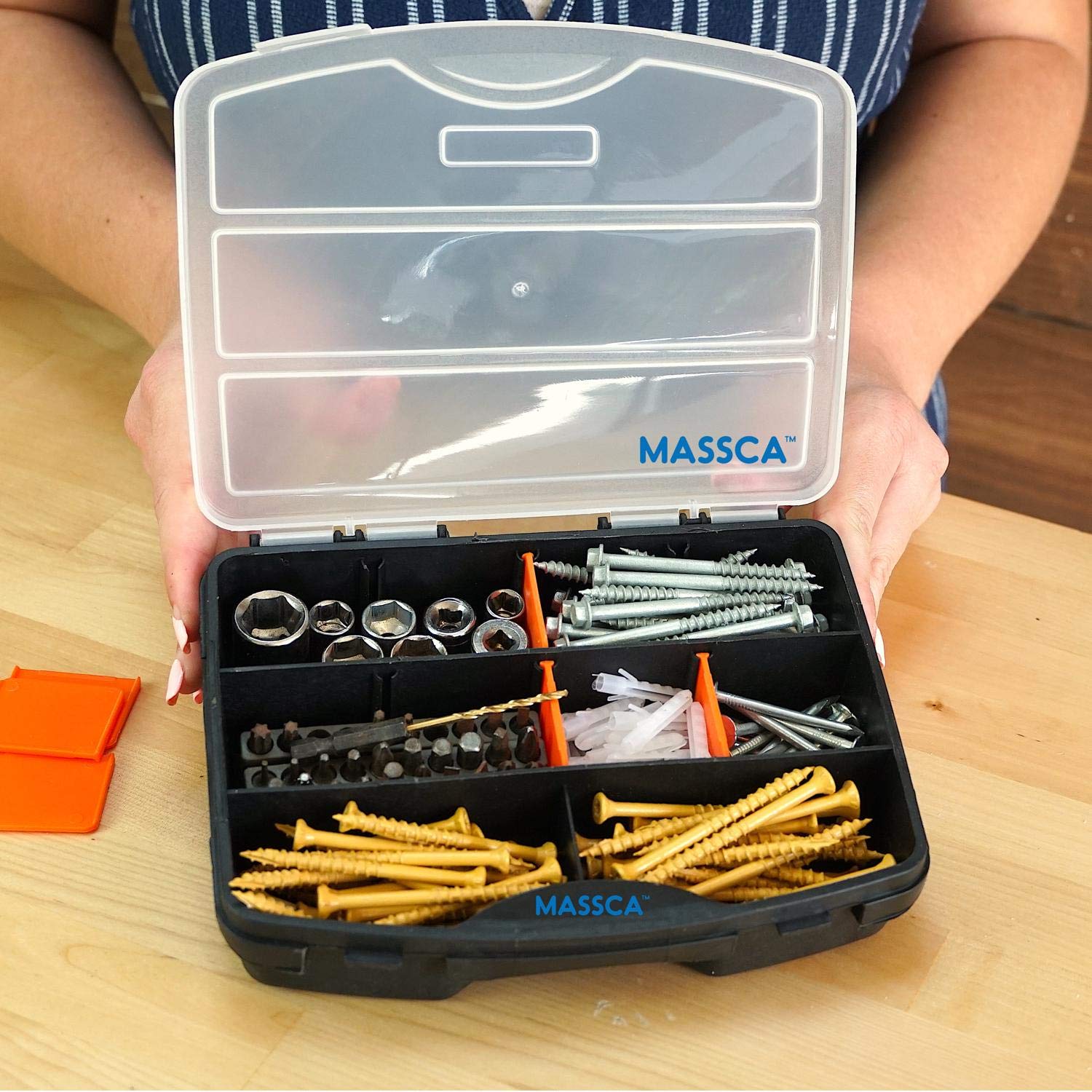 Massca 10-Compartment Screw Organizer Box - Heavy-Duty Plastic Hardware Storage for Nuts, Bolts, Screws & Small Parts - Slim Compact Design with Removable Dividers - Perfect for Toolboxes, Workshops & DIY Projects