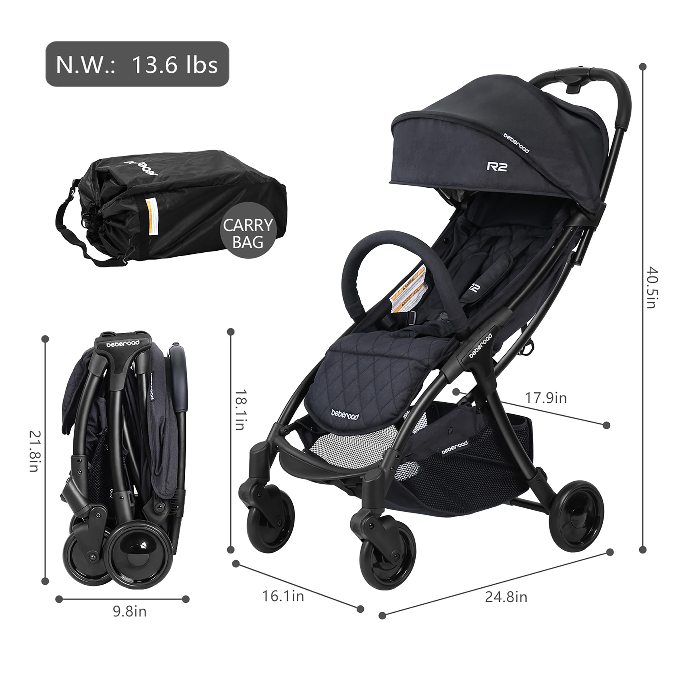 Beberoad Love R2 Compact Lightweight Travel Stroller for Toddlers - Foldable Baby Stroller with Adjustable Backrest, Cup Holder & Waterproof Canopy (Black) | Perfect for Airplane Travel, Shopping & Daily Walks