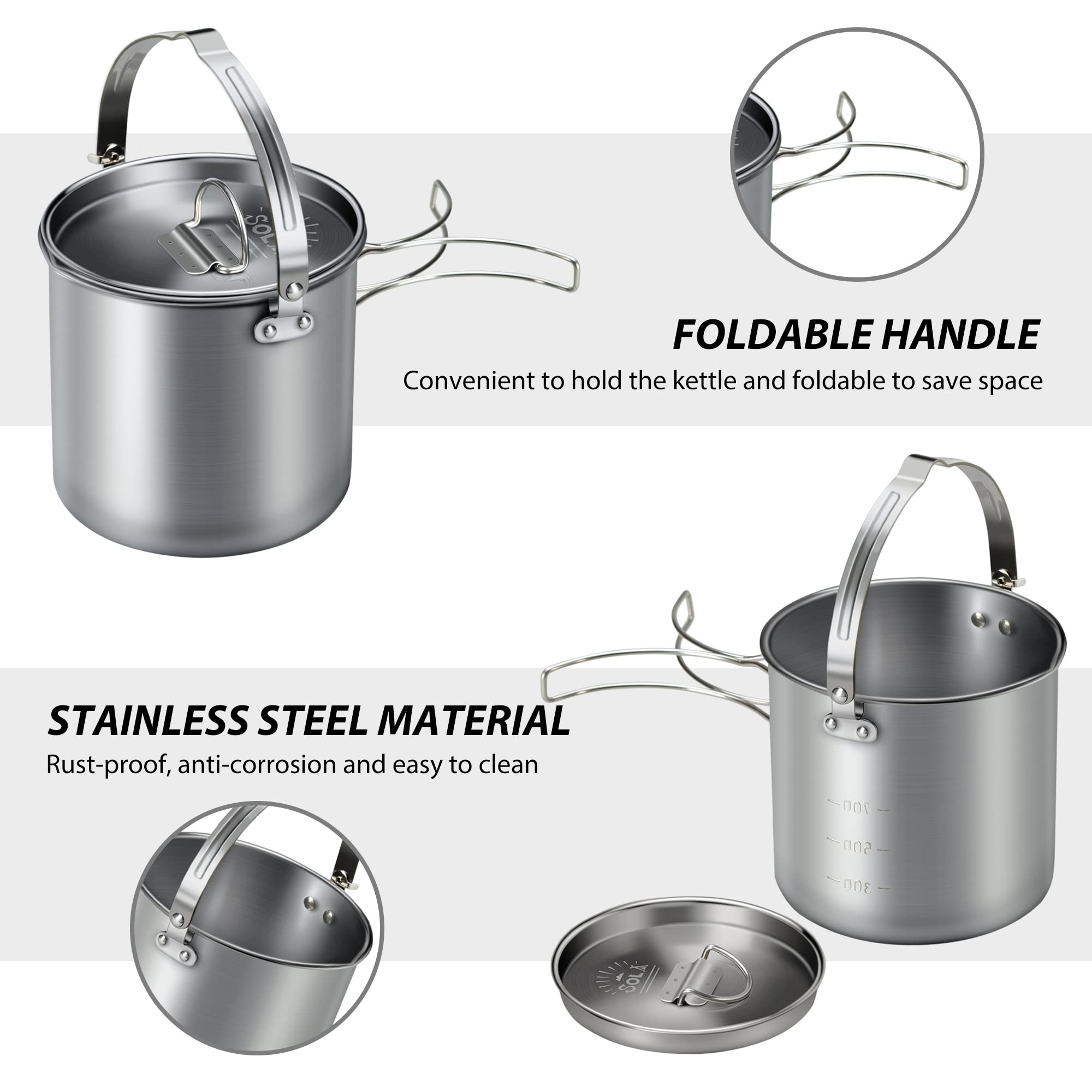 Lixada 5-Piece Stainless Steel Camping Cookware Set - Portable Kettle with 2 Cups, 2 Bowls & Foldable Handles - Perfect for Camping, Hiking, Picnics & Outdoor Adventures - Ideal for Boiling Water, Making Coffee, Tea & Cooking Meals in Nature