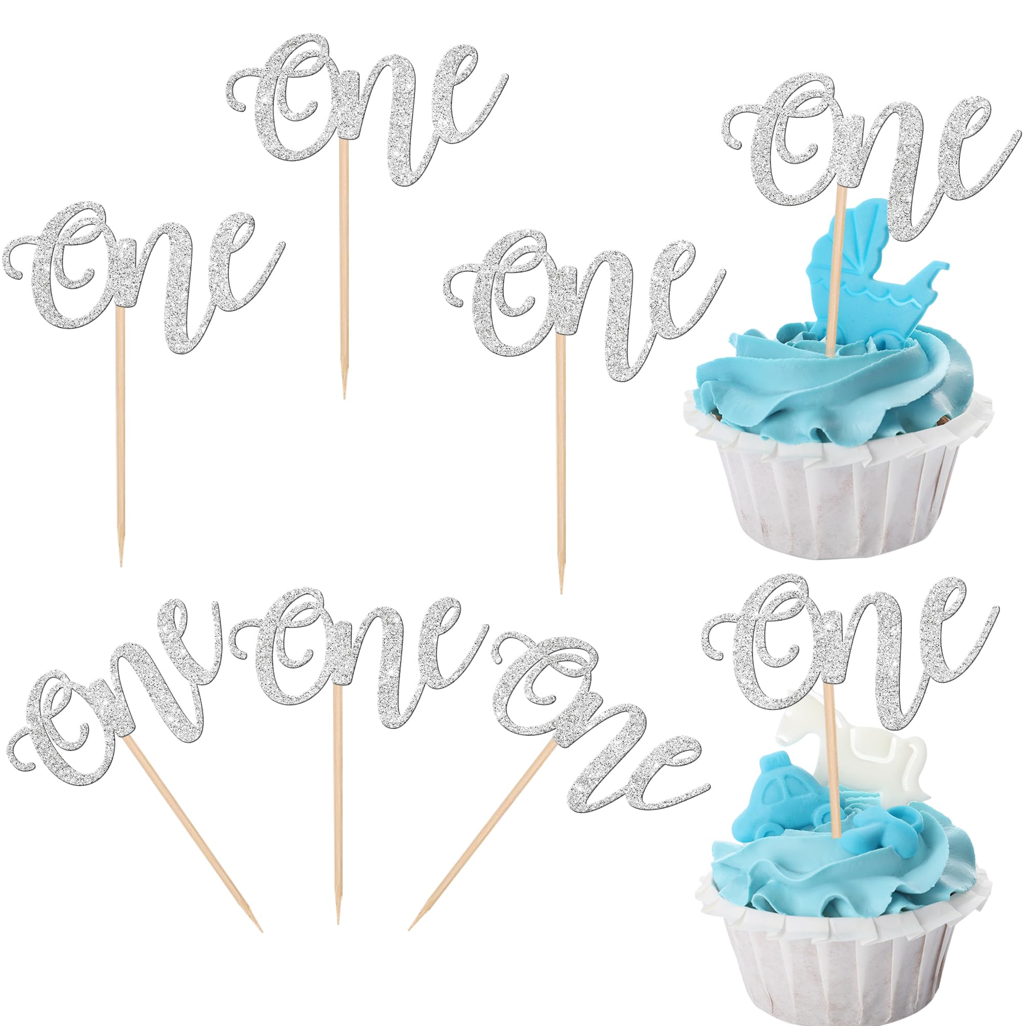 24 Pack Silver Glitter Baby First Birthday Cupcake Toppers - Food Picks Decorations for Baby Shower, Boys & Girls 1st Birthday Party Cake Decor Supplies - Perfect for Baby Showers, Gender Reveals & Kids Birthday Celebrations