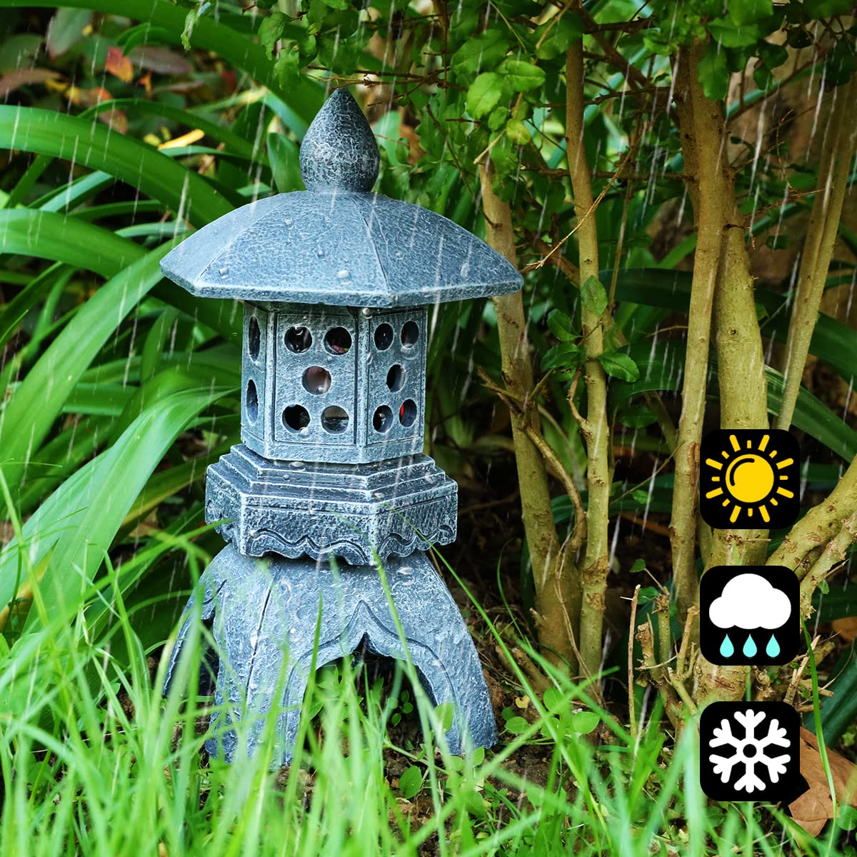 Solar-Powered Pagoda Lantern Garden Statue with Lotus Lights - Large Resin Japanese Temple Pagoda Lamp for Asian Zen Outdoor Decor - Perfect for Landscape, Patio, Porch, Lawn & Christmas Gift Giving