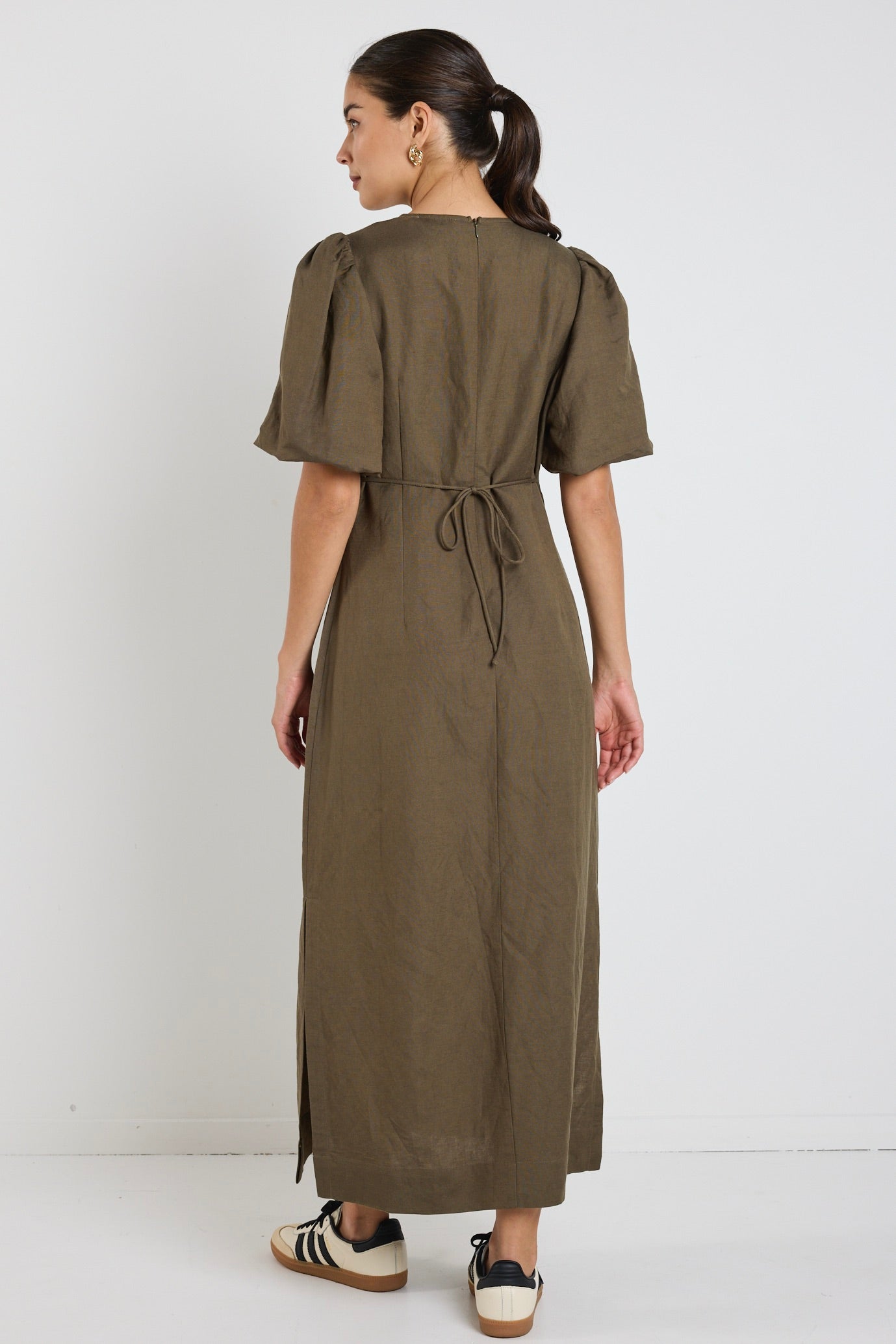 Elder Khaki Linen Blend Puff Sleeve Midi Dress for Women | Summer Casual Boho Style Dress | Perfect for Beach Vacations, Brunch Dates & Outdoor Weddings