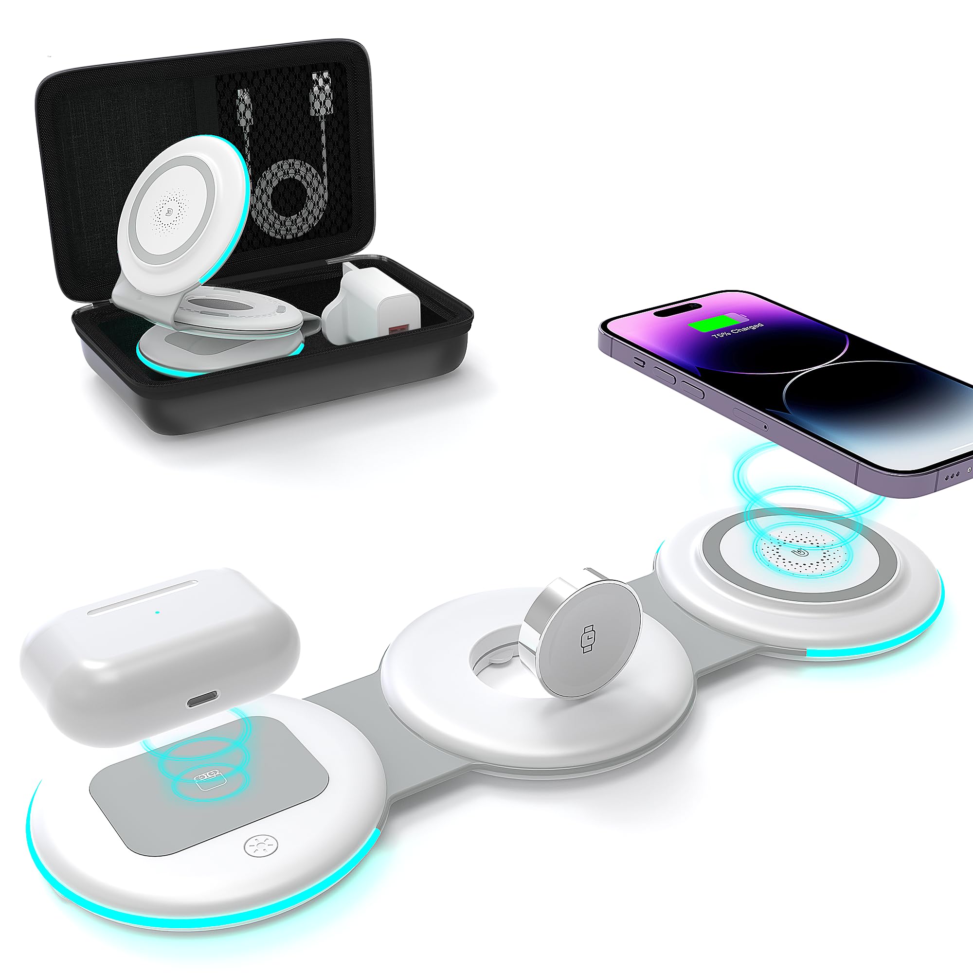 3-in-1 Magnetic Wireless Charger Stand for iPhone 16/15/14/13/12/Pro/Max, Apple Watch Series & AirPods - Fast Foldable Charging Station with Qi-Certified Pad | Perfect for Home, Office & Travel