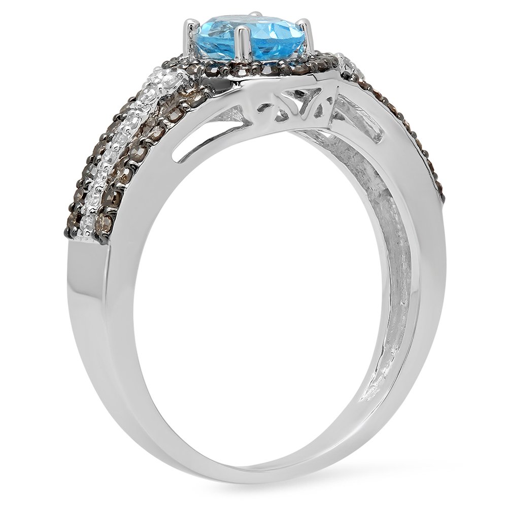 14K Solid White Gold Blue Topaz, Champagne & White Diamond Halo Engagement Ring for Women – Elegant Bridal Jewelry for Proposals, Anniversaries & Special Occasions