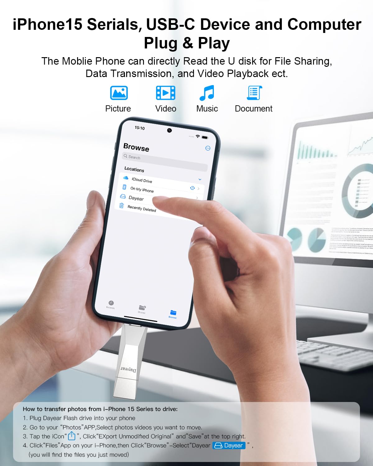 Dayear 128GB USB C Flash Drive - 2-in-1 Dual USB 3.2 Gen2 Thumb Drive with 500MB/s High Speed - Compatible with iPhone 15 Series, iPad, Android, Mac & Laptops - Perfect for Data Transfer, Backup & Portable Storage