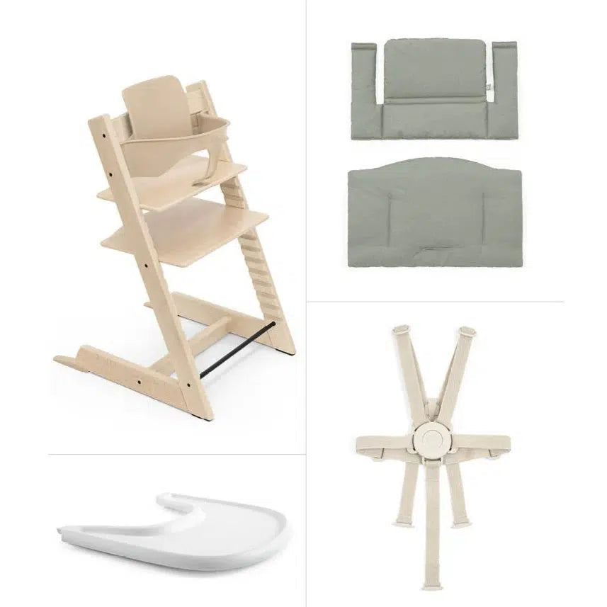 Stokke Tripp Trapp High Chair with Cushion & Tray - Natural Wood & Glacier Green | Adjustable Baby Feeding Chair for Toddlers & Kids | Perfect for Dining, Kitchen & Family Mealtime