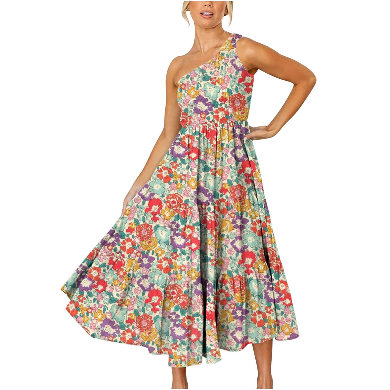 Women's Summer Sleeveless One Shoulder Swing Sundress - Floral Daisy Print Pleated High Waist Beach Dress for Vacation, Party & Casual Wear