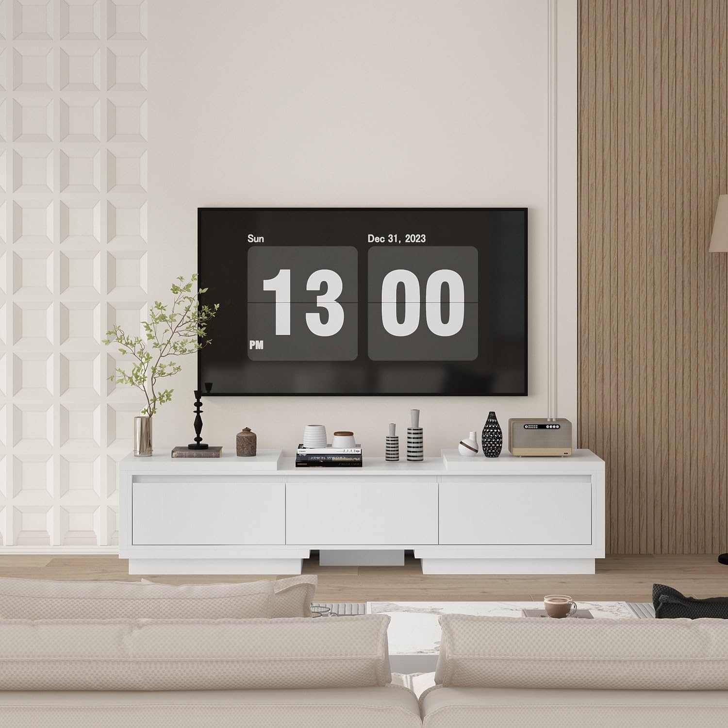 Modern Extendable TV Stand with Drawers - FAMAPY 65.4-106.3 Inch Adjustable TV Console Table, Contemporary Entertainment Center & Media Storage Cabinet for Living Room, Bedroom, Home Theater (White) - Perfect for Small Spaces & Apartment Living