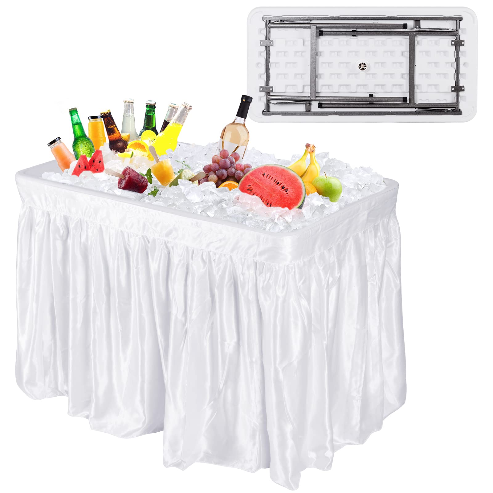 4 Foot Ice Cooler Table with Removable Skirt & Drain Plug - Portable Folding Buffet Table for Outdoor Parties, Picnics, Camping, BBQ & Weddings - Perfect for Chilling Drinks & Keeping Food Fresh