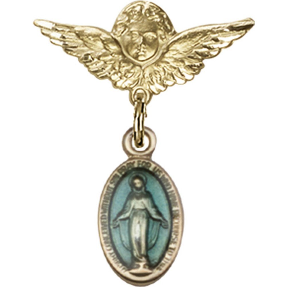 Gold Filled Baby Badge with Blue Miraculous Charm & Angel Wing Pin - 7/8