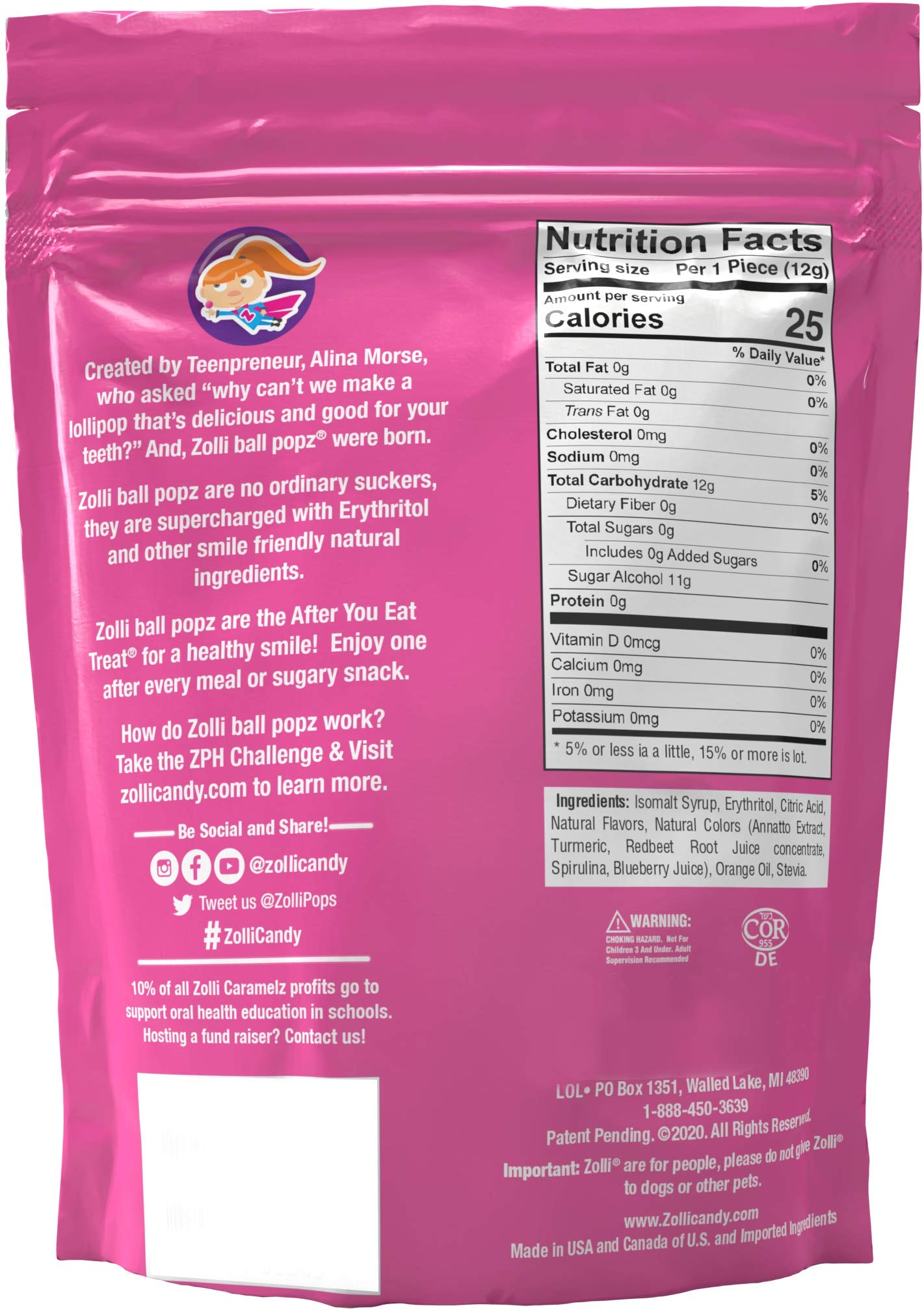 Zolli Ball Popz Lollipops - Sugar-Free Candy for Clean Teeth, Natural Fruit Flavor, 10.4oz - Healthy Dental Treat for Kids & Adults | Perfect for School, Office & Travel Snacks
