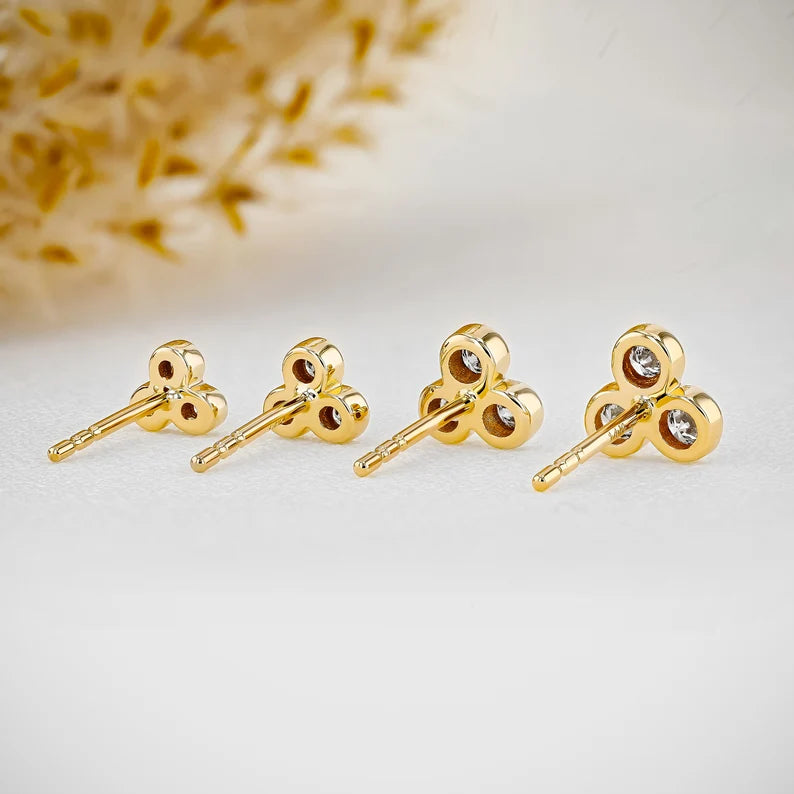 3 Stone Trio Bezel Set Stud Earrings for Women - 925 Sterling Silver Cubic Zirconia Earrings - Minimalist Elegant Jewelry Gift for Birthday, Anniversary & Valentine's Day
