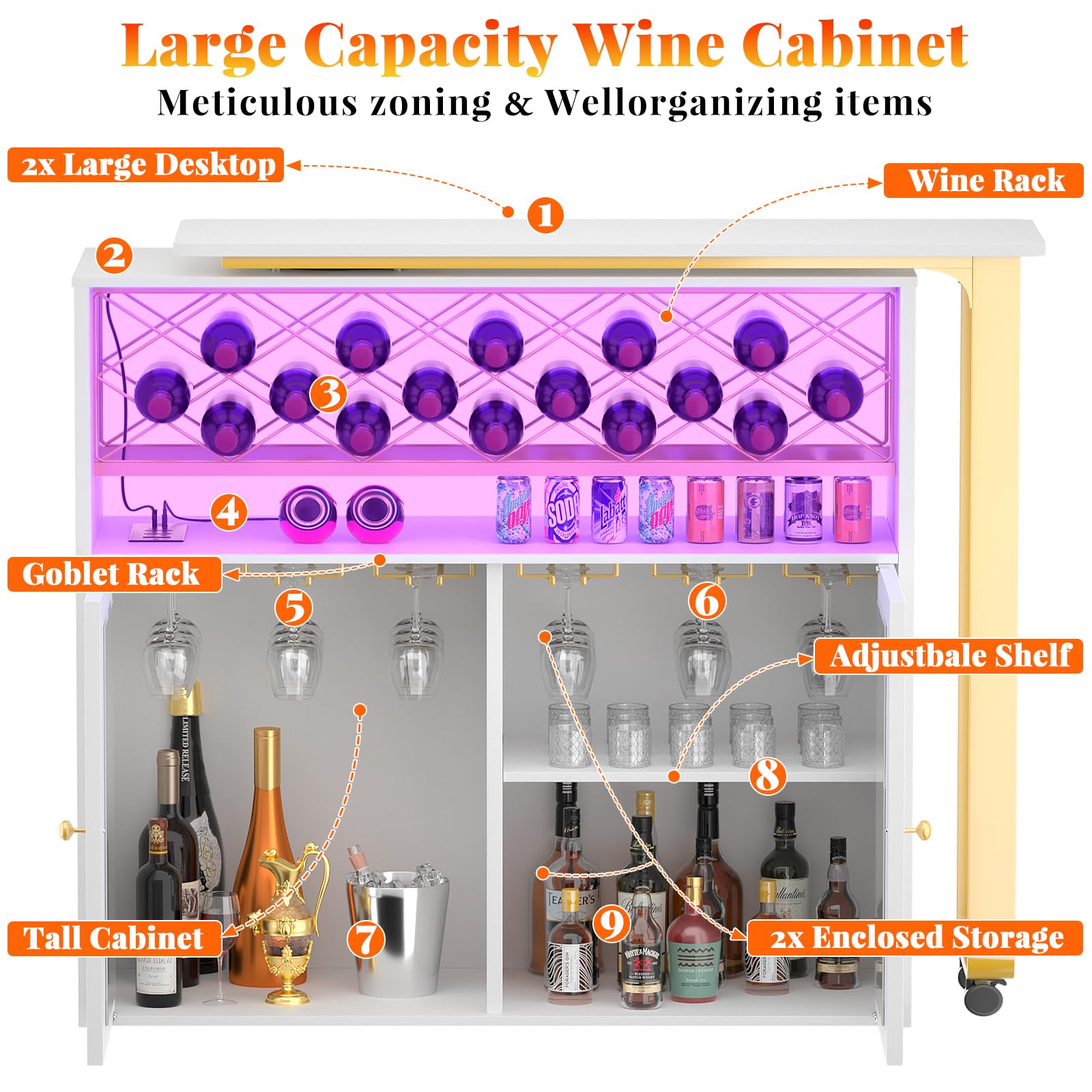 Cyclysio Rotating Wine Bar Cabinet - LED Lighted Home Bar with Power Outlets, Wine Rack & Glass Holder - Corner Bar Cabinet with Storage Doors - Perfect for Dining Room, Living Room & Home Entertaining