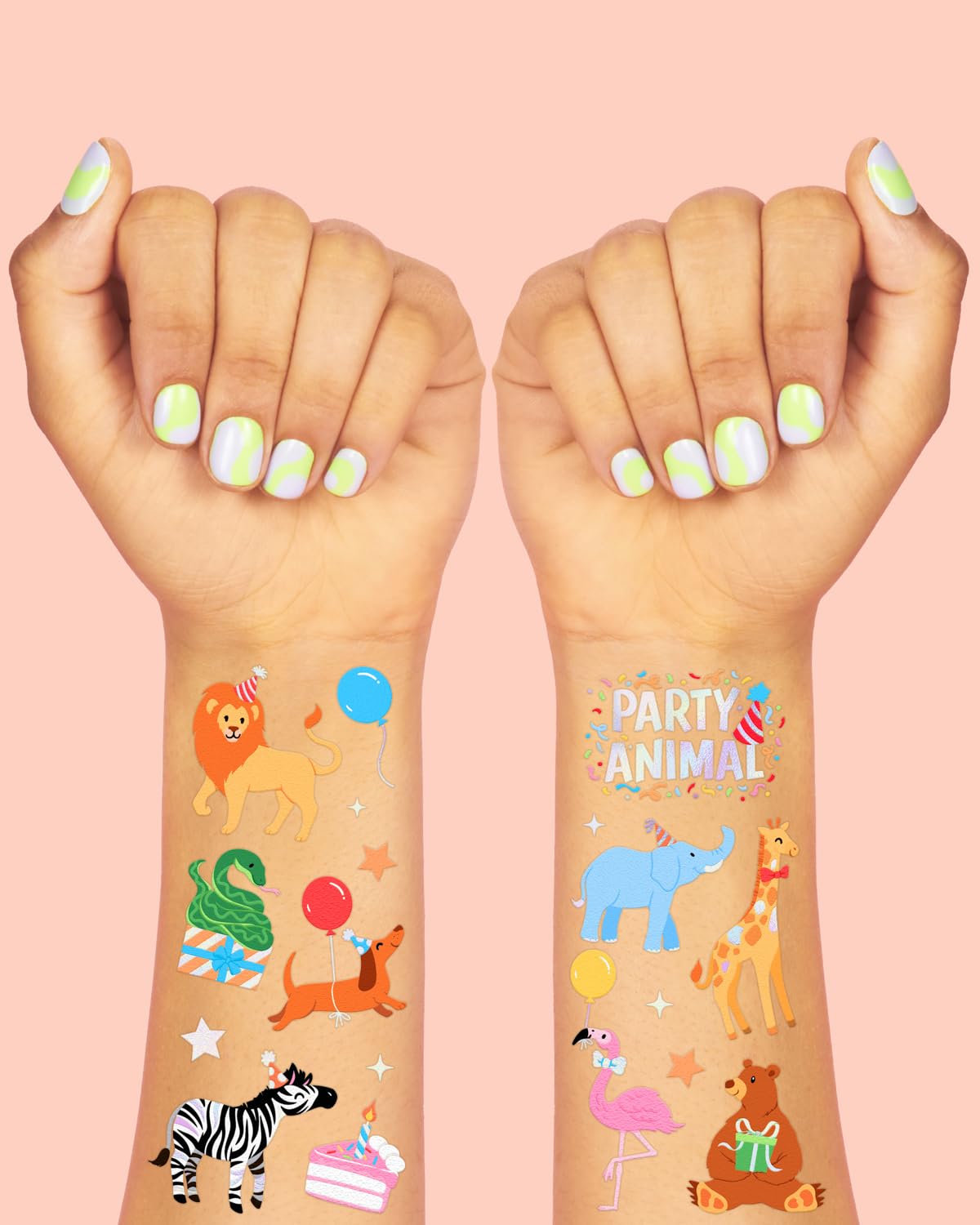Fetti Party Animal Birthday Temporary Tattoos - 60 Foil Styles for Safari Birthday Decorations | Wild Rainbow Kids Accessories, Wild One Elephant Theme Party Favors, Baby Shower Supplies - Perfect for Birthday Parties, Baby Showers & Themed Events