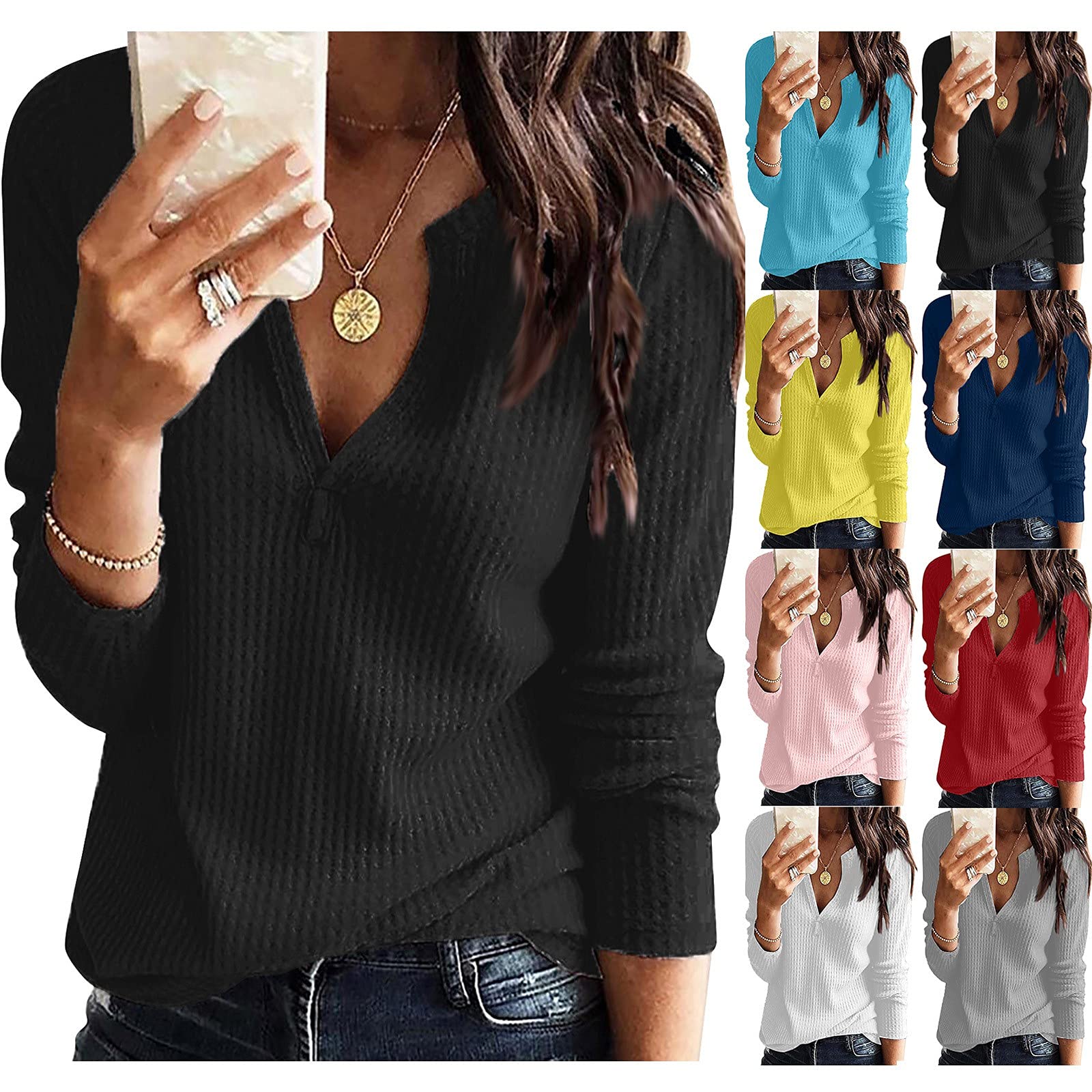Women's Waffle Knit Long Sleeve V-Neck Loose Fit Pullover Sweater - Soft Warm Casual Tops for Fall & Winter | Cozy Layering, Office Wear, Weekend Outfits
